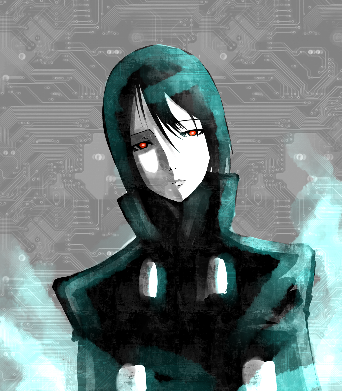 hirakichi, sanakan, blame!, bad id, bad pixiv id, highres, 1girl, android, black hair, circuit board, female focus, pale skin, red eyes, short hair, solo
