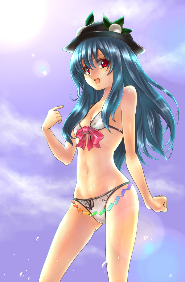 takemori shintarou, hinanawi tenshi, touhou, bad id, bad pixiv id, 1girl, :d, bikini, blue hair, bow, day, female focus, flat chest, food, fruit, hat, lens flare, long hair, navel, open mouth, peach, red eyes, smile, solo, swimsuit, wet