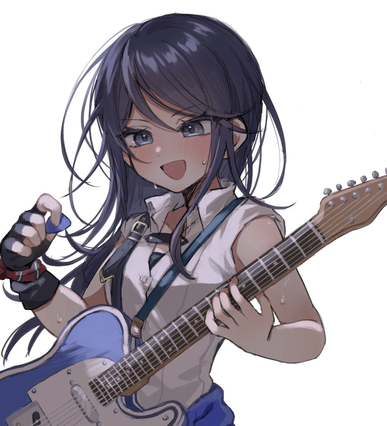 mu ri003, hoshino ichika (project sekai), project sekai, commentary, highres, 1girl, :d, black hair, blue eyes, blush, collared shirt, dot nose, electric guitar, fender telecaster, fingerless gloves, gloves, guitar, holding, holding plectrum, instrument, long hair, open mouth, plectrum, shirt, simple background, sleeveless, smile, solo, sweat, white background