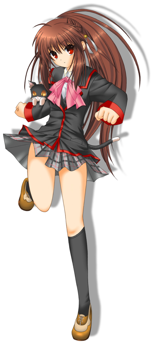 acha (pixiv249560), shitou, natsume rin, little busters!, 1girl, bow, brown hair, cat, female focus, kneehighs, pink bow, plaid clothes, plaid skirt, ponytail, red eyes, school uniform, skirt, socks, solo