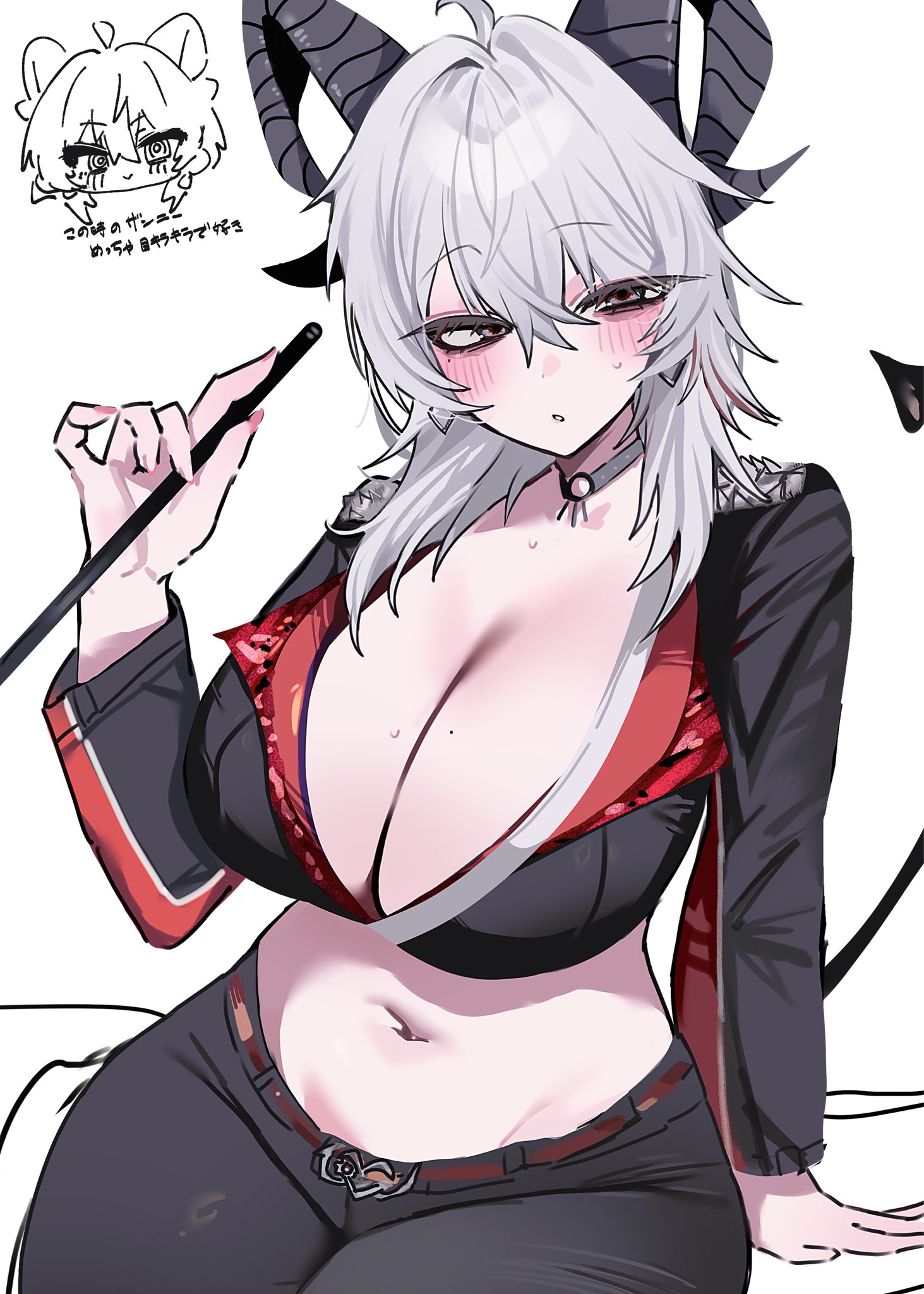 zani (wuthering waves), wuthering waves, commentary, highres, translation request, 1girl, alternate costume, black horns, black tail, breasts, curled horns, demon tail, dos dos121, grey eyes, grey hair, horns, large breasts, navel, solo, tail, white background