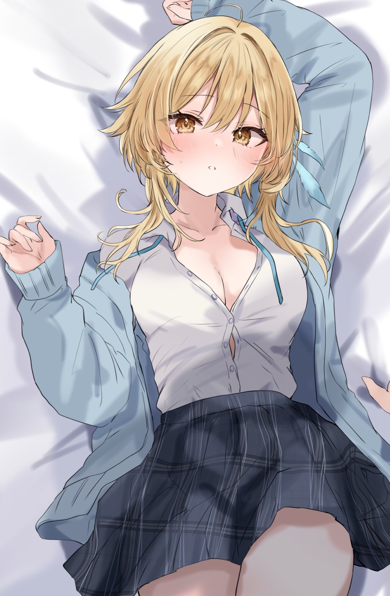 maruro, lumine (genshin impact), genshin impact, commentary, highres, 1girl, bed sheet, black skirt, blonde hair, blue cardigan, blush, breasts, cardigan, cleavage, collared shirt, dress shirt, hair between eyes, looking at viewer, lying, medium breasts, on back, parted lips, partially unbuttoned, shirt, short hair with long locks, skirt, solo, white shirt, yellow eyes