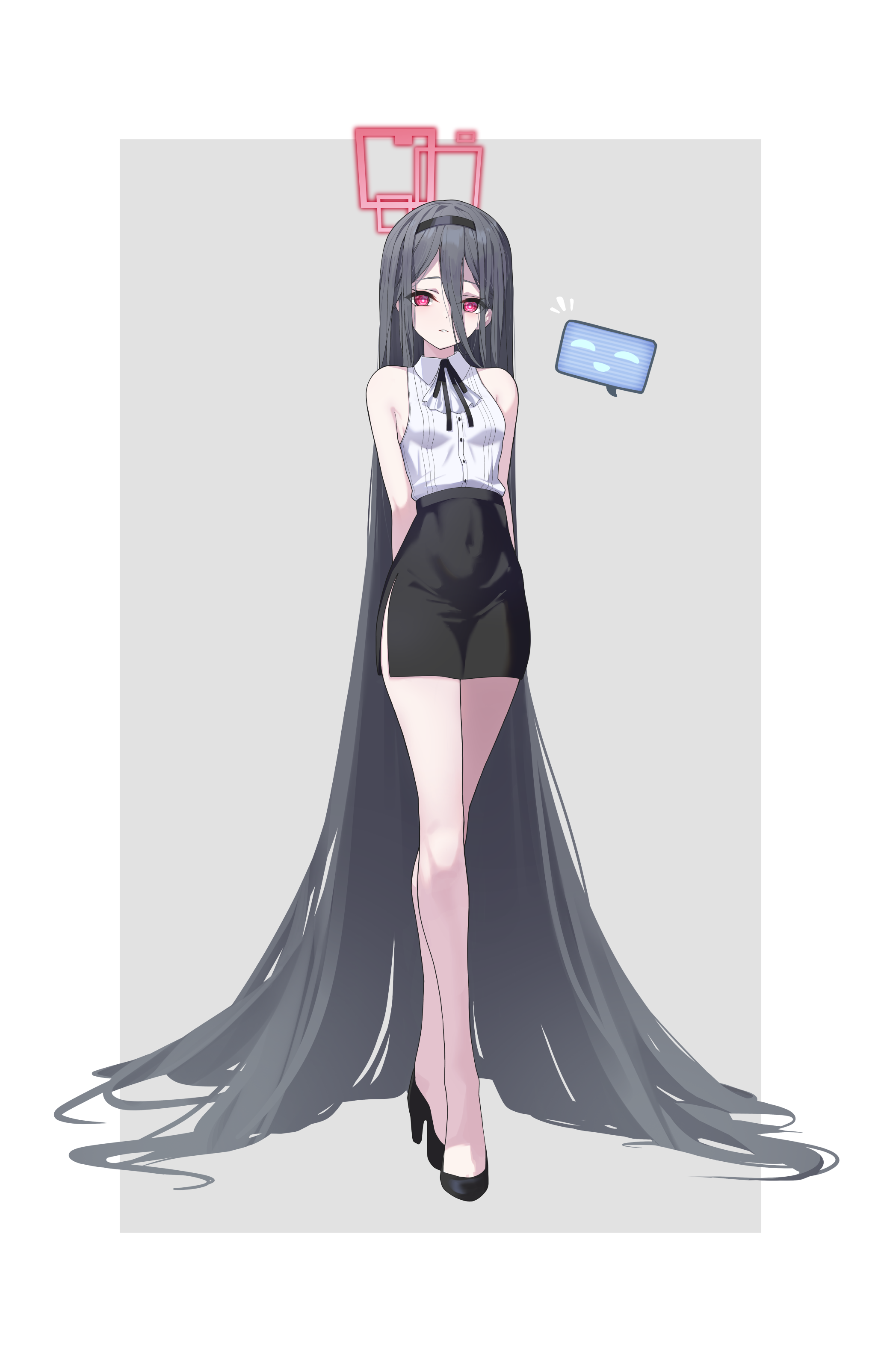 arume ad, kei (amas) (blue archive), kei (blue archive), blue archive, absurdres, commentary, highres, 1girl, absurdly long hair, alternate costume, arms behind back, bare legs, black hair, black hairband, black ribbon, black shoes, black skirt, border, breasts, covered navel, double-parted bangs, full body, grey background, hair between eyes, hairband, halo, high heels, long hair, long hair between eyes, looking at viewer, miniskirt, neck ribbon, pencil skirt, ribbon, shirt, shoes, side slit, simple background, skirt, sleeveless, sleeveless shirt, small breasts, solo, straight hair, very long hair, white border, white shirt