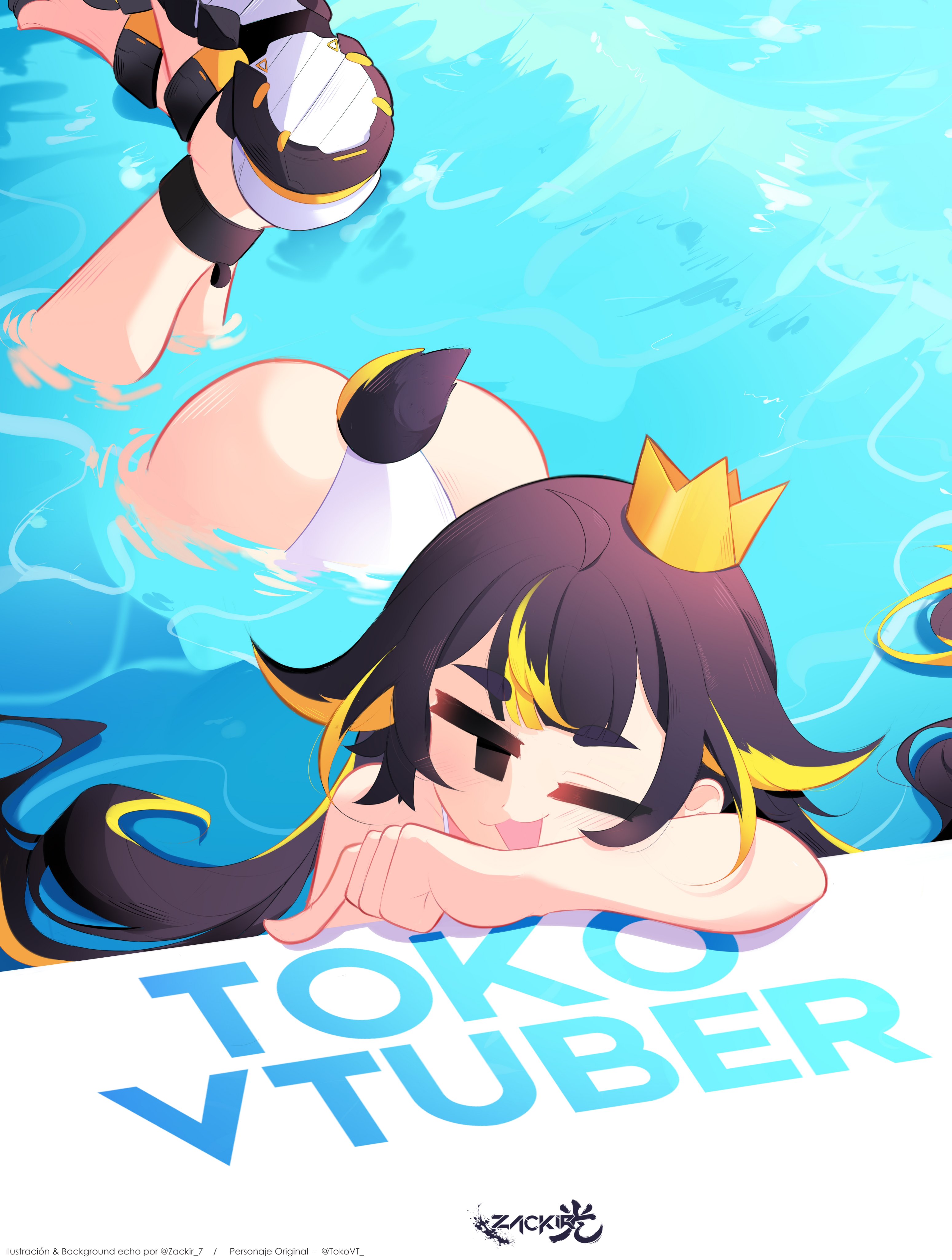 zahir zb7, indie virtual youtuber, absurdres, footwear request, highres, 1girl, :3, :d, alternate costume, artist logo, artist name, ass, black hair, black tail, blonde hair, blush, character name, credits, crown, feet up, logo, long hair, low twintails, mini crown, multicolored hair, multicolored tail, one-piece swimsuit, one eye closed, open mouth, partially submerged, penguin girl, penguin tail, pool, poolside, smile, smug, solid eyes, square eyes, streaked hair, swimsuit, tail, toko (vtuber), twintails, twitter username, virtual youtuber, water, white one-piece swimsuit, yellow tail