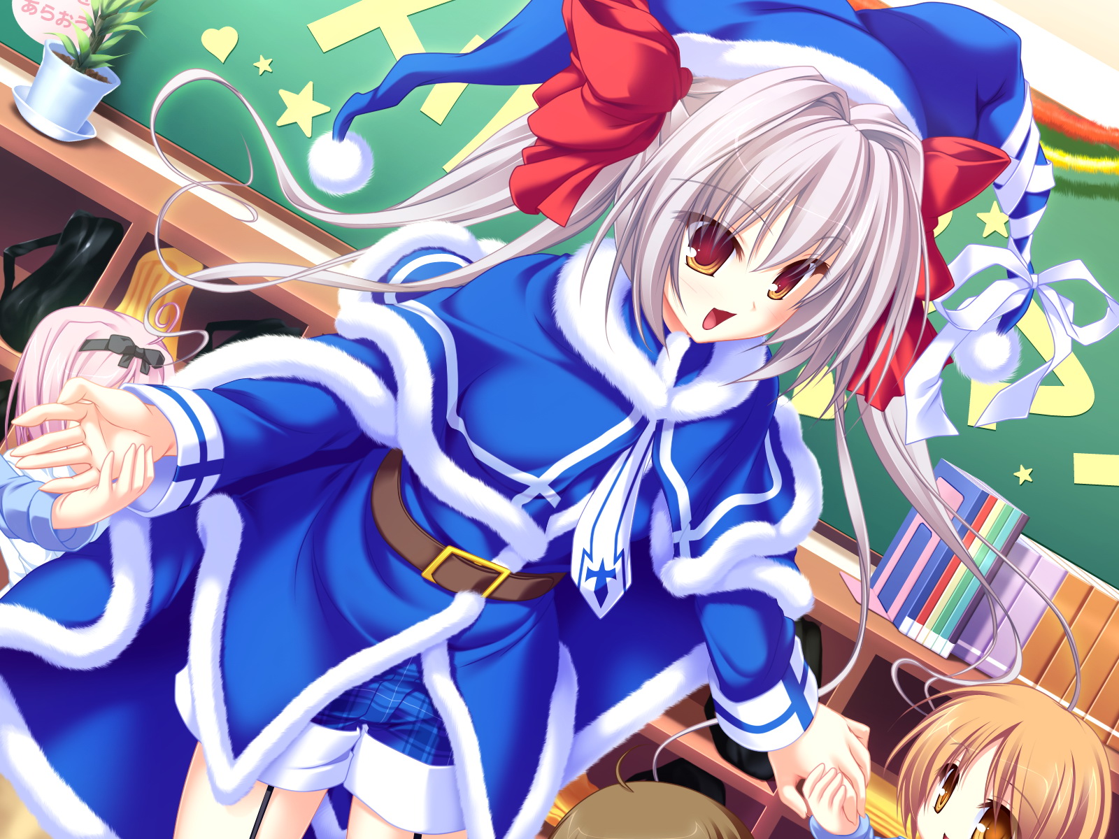 tenmaso, itsuki kirara, meri chri, silver hair, game cg, highres, 1girl, child, christmas, female focus, hair ribbon, hat, holding hands, jester cap, open mouth, orange eyes, ribbon, santa costume, santa hat, shorts, smile, solo, solo focus