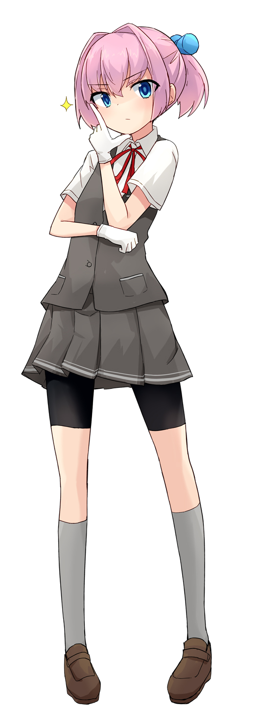 kakizaki (chou neji), shiranui (kancolle), kantai collection, highres, 1girl, bike shorts, blue eyes, brown shoes, collared shirt, dress shirt, gloves, grey skirt, grey socks, grey vest, hand on own chin, headgear, loafers, pink hair, pleated skirt, ponytail, school uniform, shirt, shoes, short hair, shorts, shorts under skirt, skirt, socks, solo, standing, vest, white gloves, white shirt
