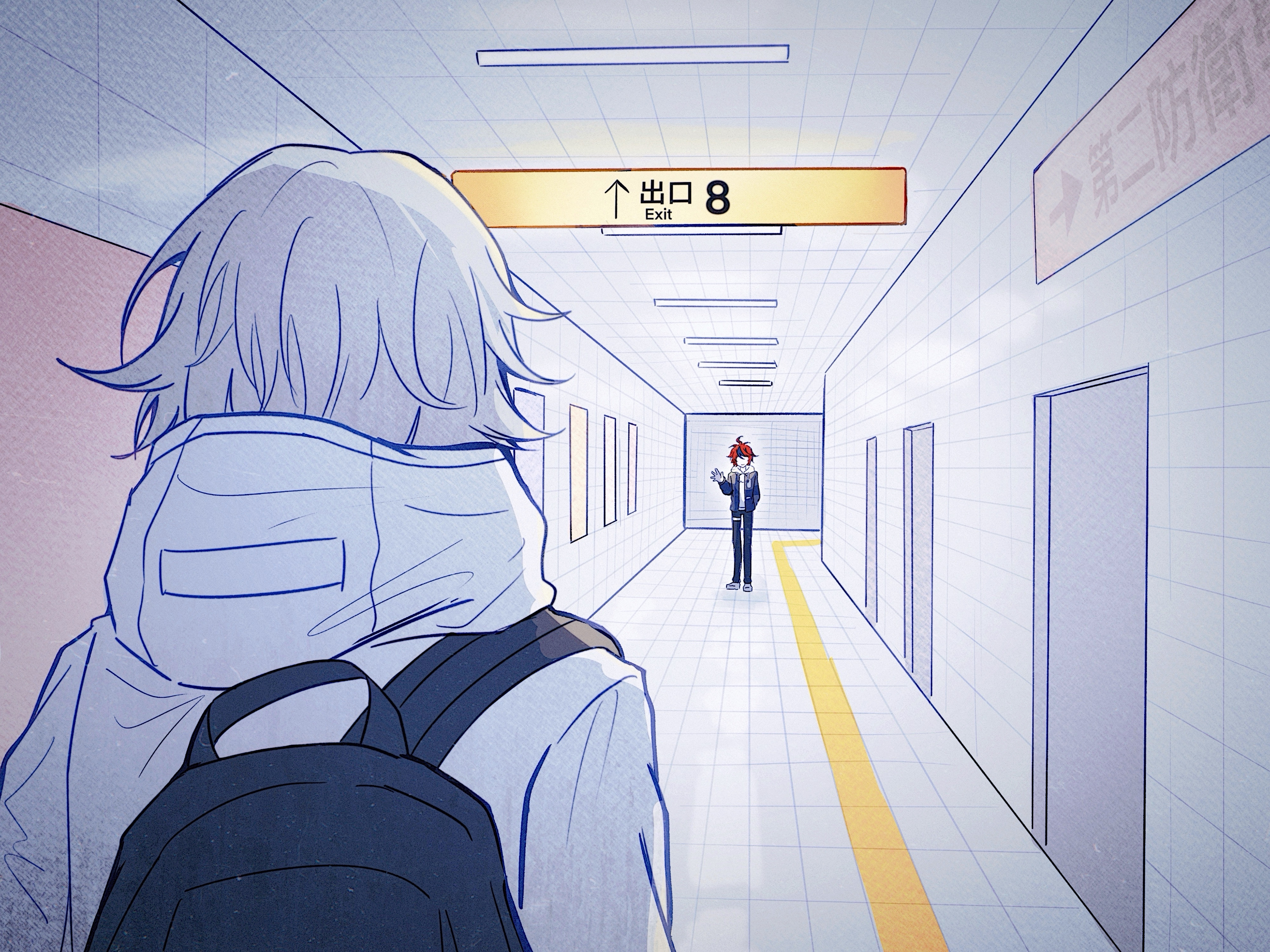 aotsuki eito, sumino takumi, the exit 8, the hundred line -last defense academy-, absurdres, chinese commentary, commentary, highres, 2boys, ahoge, backpack, bag, bilingual text, black bag, black pants, black streaks, blue jacket, english text, grey hair, grey jacket, hood, hoodie, indoors, jacket, jacket over hoodie, looking at another, male focus, mixed-language text, mizongwenwu, multicolored hair, multicolored jacket, multiple boys, no eyes, open clothes, open jacket, pants, red hair, short hair, sign, streaked hair, train station, two-tone jacket, waving, white hoodie, white jacket