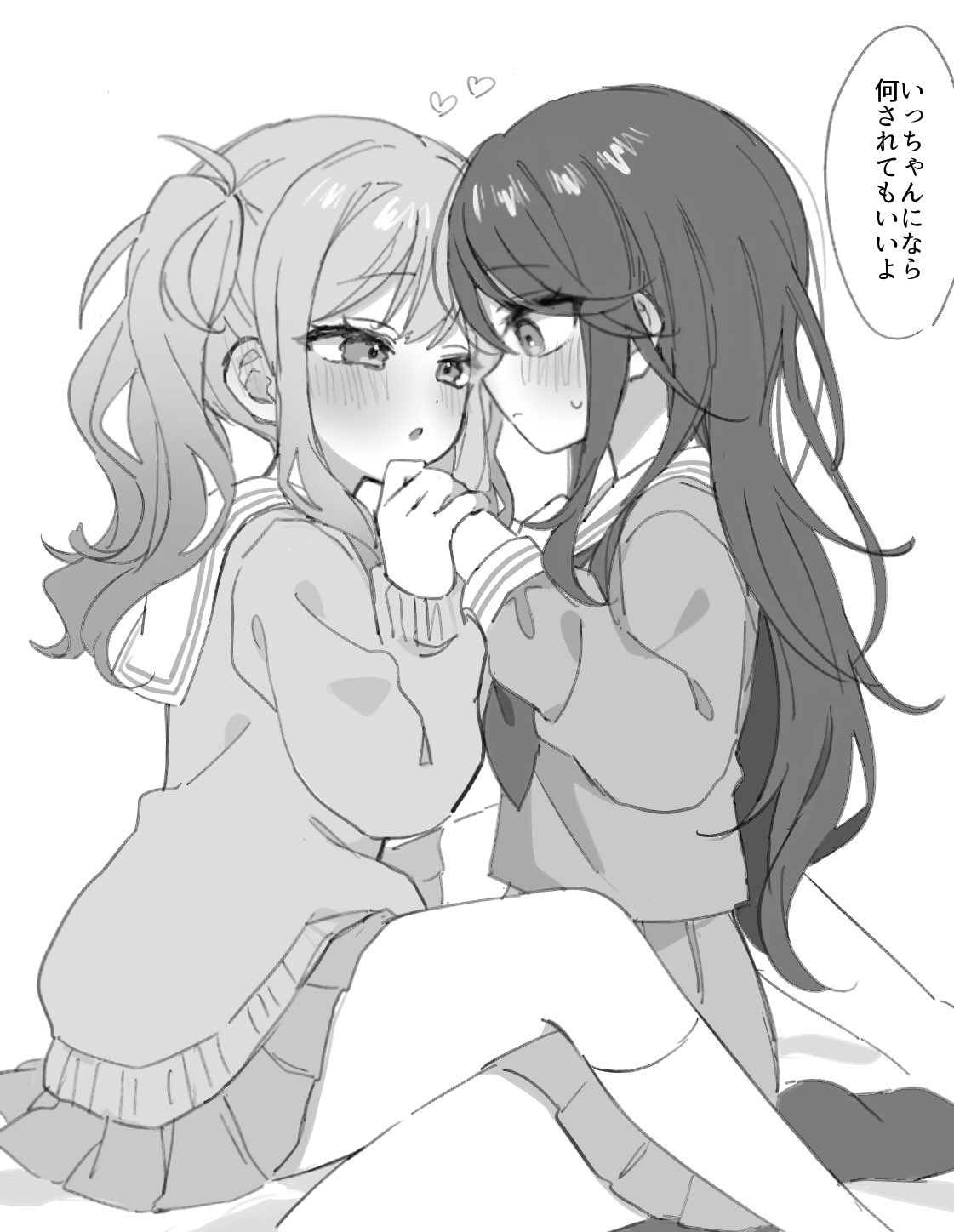 mu ri003, hoshino ichika (project sekai), tenma saki, project sekai, commentary, highres, translation request, 2girls, blush, dot nose, face-to-face, greyscale, heart, long hair, long sleeves, looking at another, miyamasuzaka girls' academy school uniform, monochrome, multiple girls, neckerchief, pleated skirt, sailor collar, school uniform, serafuku, simple background, skirt, speech bubble, straddling, sweatdrop, twintails, upright straddle, white background, yuri
