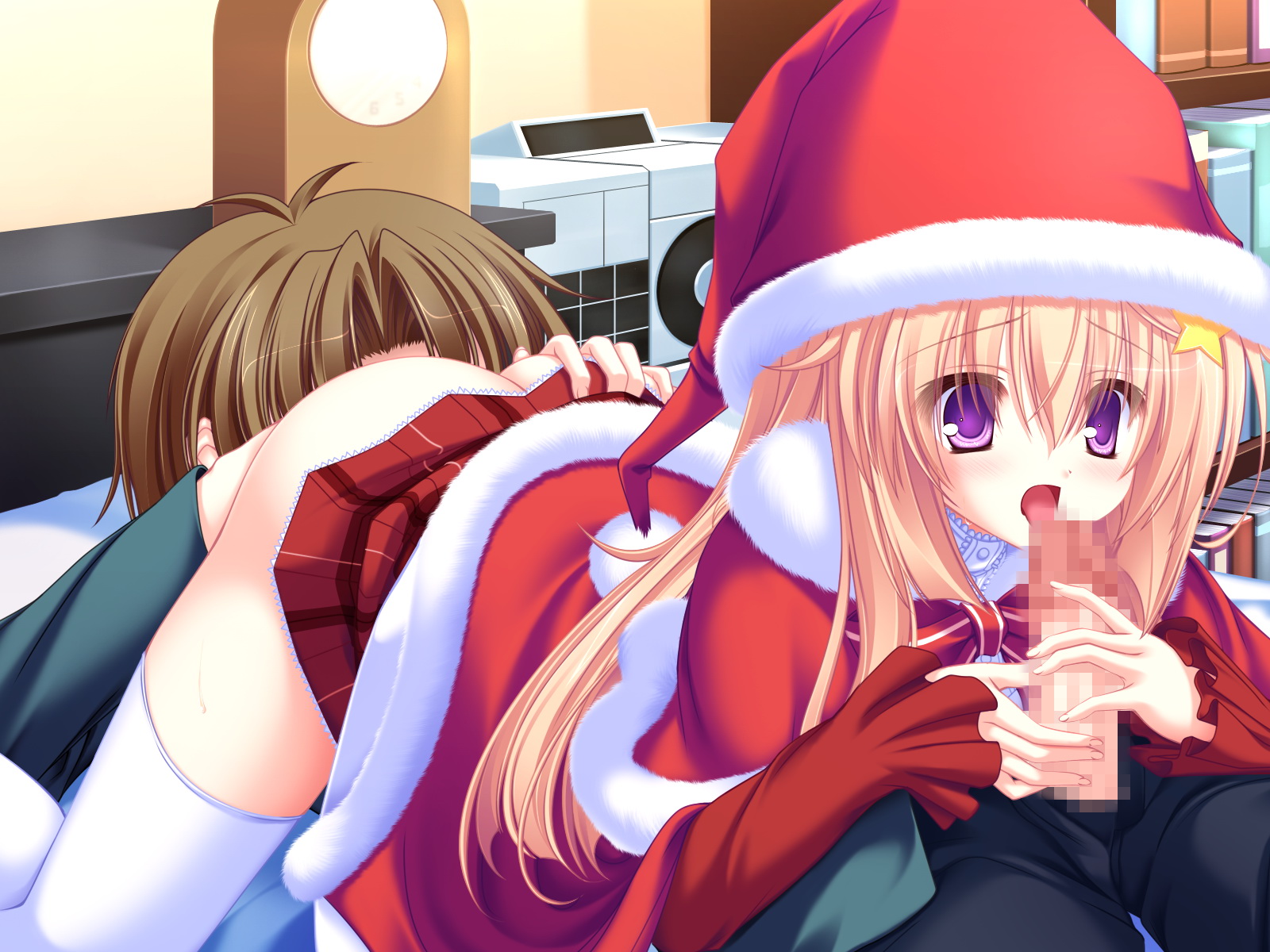 mikagami mamizu, seiya mashiro, meri chri, game cg, highres, 1girl, 69, ass, blonde hair, censored, christmas, clothes lift, fellatio, girl on top, grabbing another's ass, groping, hat, mosaic censoring, oral, penis, purple eyes, santa costume, santa hat, skirt, skirt lift, solo focus, thighhighs, tongue
