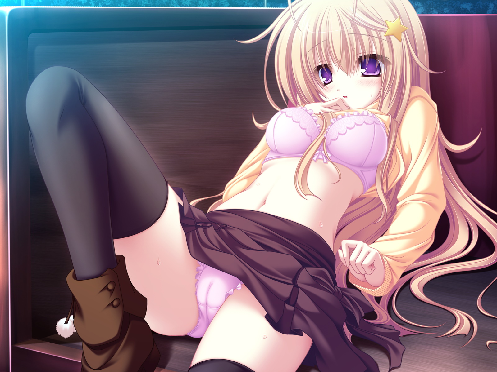 mikagami mamizu, seiya mashiro, meri chri, game cg, highres, 1girl, antenna hair, black thighhighs, blonde hair, boots, bra, cameltoe, clothes lift, female focus, hair ornament, lingerie, long hair, midriff, navel, panties, purple eyes, shirt lift, skirt, skirt lift, solo, star (symbol), star hair ornament, sweat, sweater, thighhighs, underwear