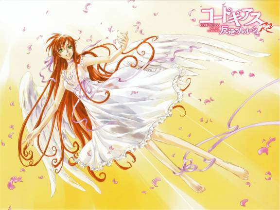 clamp, shirley fenette, code geass, 00s, 1girl, barefoot, dress, female focus, long hair, ribbon, solo, wings