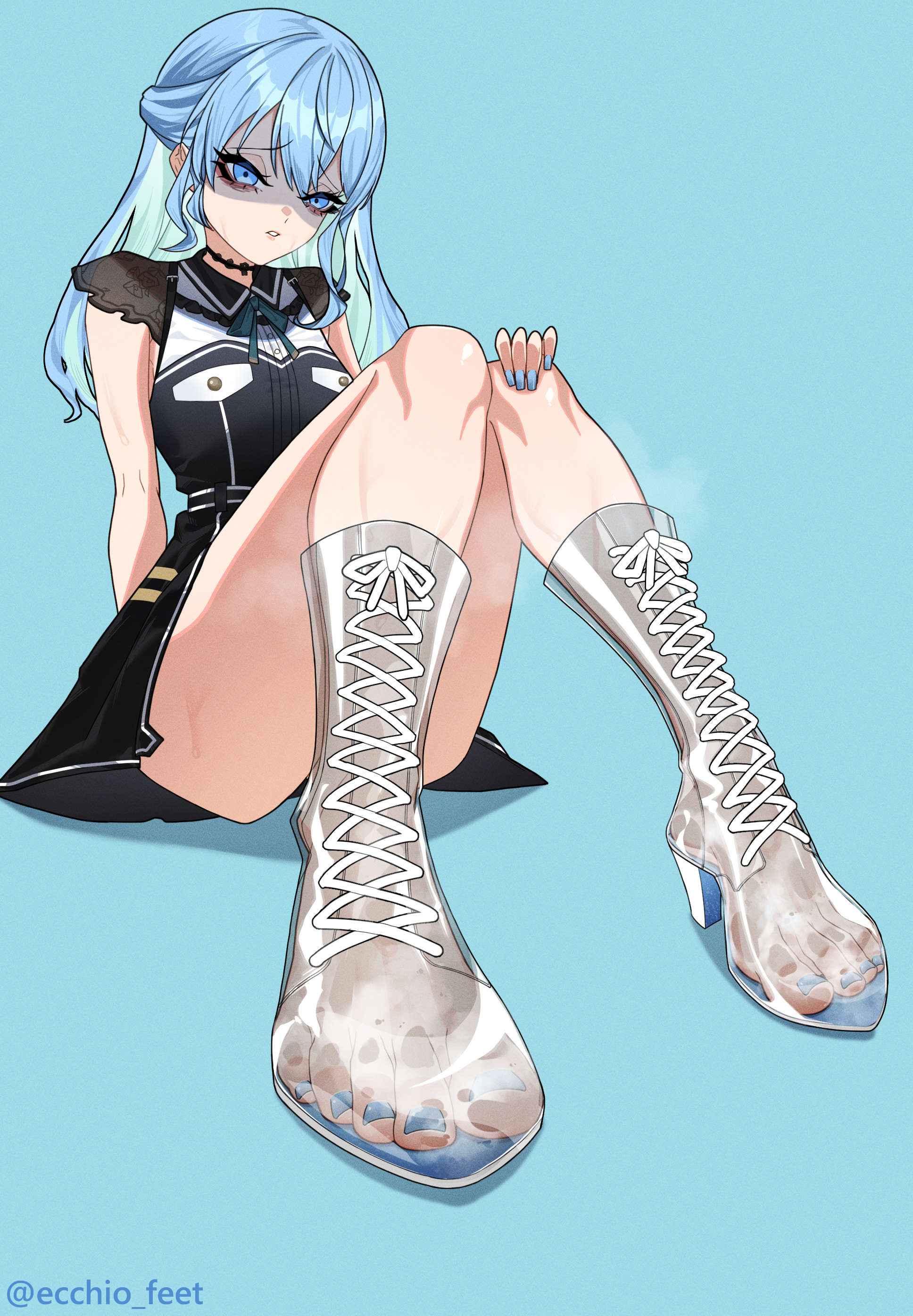ecchi-o, hoshimachi suisei, hololive, highres, 1girl, blue eyes, blue hair, boots, feet, hand on own knee, long hair, looking at viewer, parted lips, see-through clothes, see-through footwear, shaded face, steam, toes