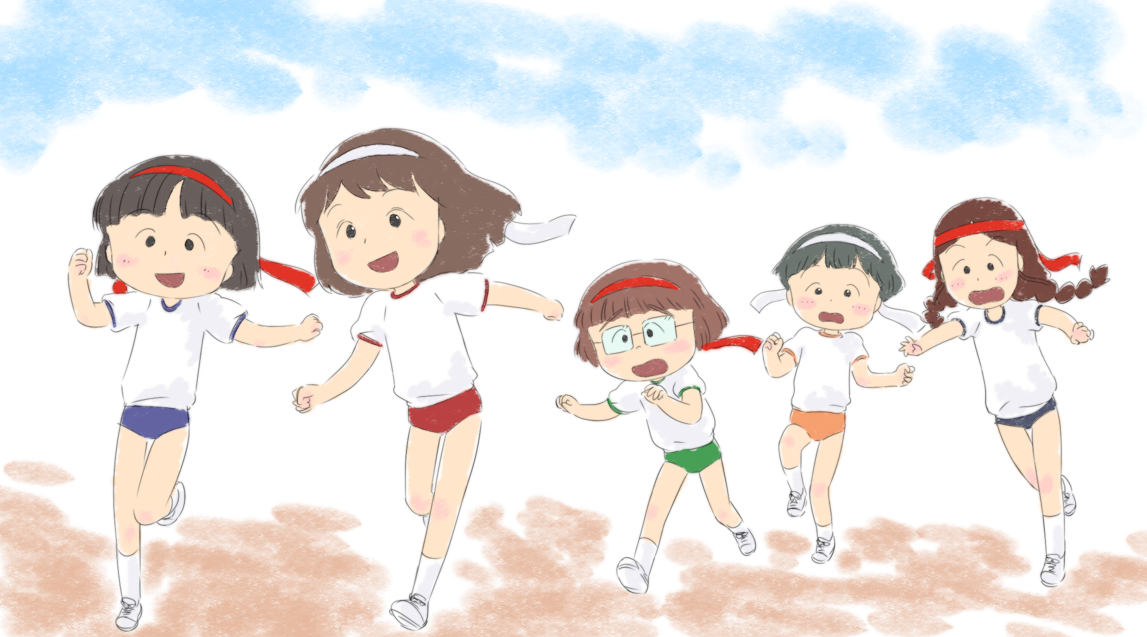 yamanokonza, honami tamae, sakura momoko, sasayama kazuko, takahashi yoshiko, chibi maruko-chan, character request, 5girls, black buruma, black eyes, black hair, blue buruma, blush, braid, brown hair, buruma, cloud, glasses, green buruma, headband, long hair, multiple girls, open mouth, orange buruma, red buruma, running, shirt, shoes, short hair, short sleeves, sky, smile, sneakers, socks, twin braids, white shirt, white shoes, white socks