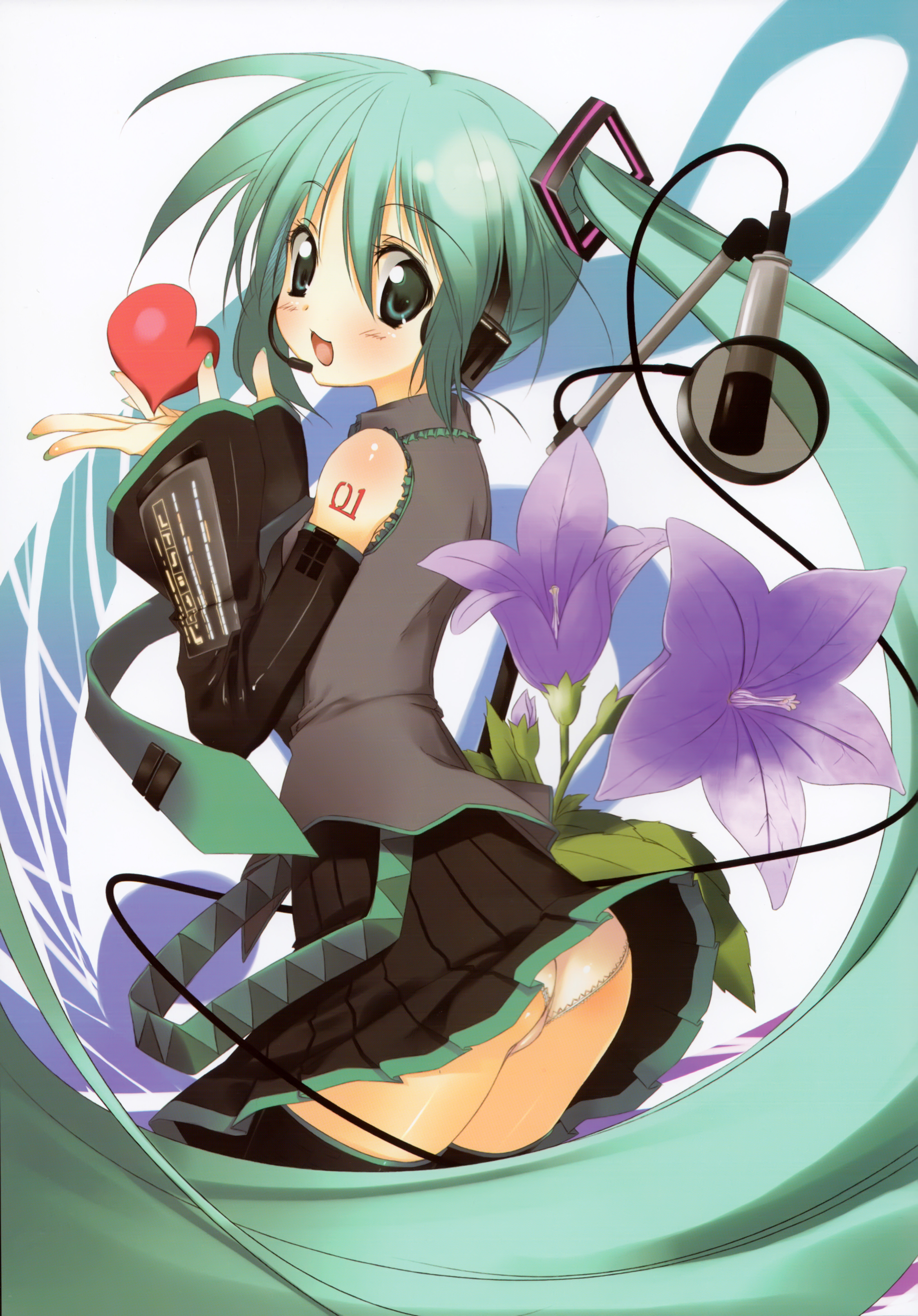 kagome (traumatize), hatsune miku, vocaloid, absurdres, highres, 1girl, aqua eyes, aqua hair, ass, detached sleeves, female focus, flower, green eyes, green hair, green nails, headset, heart, long hair, looking back, matching hair/eyes, microphone, nail polish, necktie, open mouth, panties, pantyshot, skirt, solo, thighhighs, twintails, underwear, upskirt, very long hair, white panties
