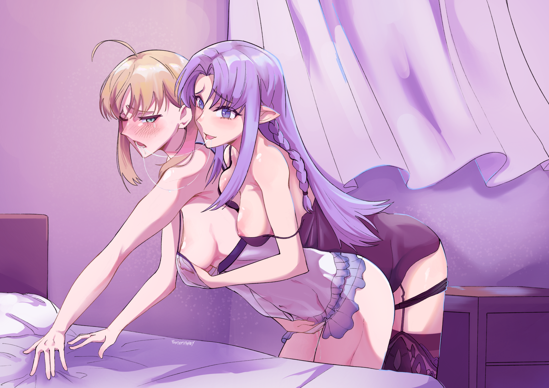 pastepiphany, artoria pendragon (fate), medea (caster) (fate), medea (fate), saber (fate), fate/grand order, fate (series), commentary, commission, english commentary, highres, pixiv commission, 2girls, after kiss, ahoge, bare arms, bed, black panties, black thighhighs, blonde hair, blush, breasts, camisole, curtains, fingering, grabbing another's breast, grabbing from behind, groping, indoors, long hair, medium breasts, multiple girls, nipples, open mouth, panties, panty pull, pillow, pointy ears, purple camisole, purple hair, pussy juice, reach-around, saliva, saliva trail, see-through camisole, see-through clothes, thighhighs, tongue, tongue out, underwear, white panties, yuri