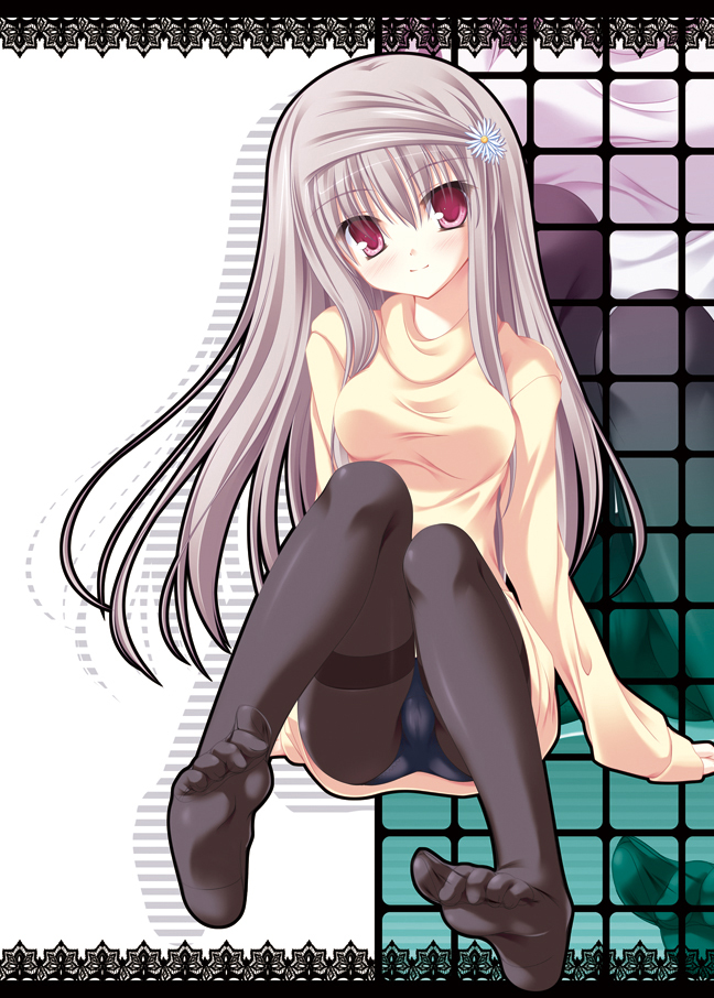 mikagami mamizu, aquarian age, silver hair, 00s, 1girl, black pantyhose, feet, female focus, hair ornament, hairclip, long hair, no shoes, panties, panties under pantyhose, pantyhose, pantyshot, purple eyes, solo, thighband pantyhose, toes, underwear, upskirt, zoom layer