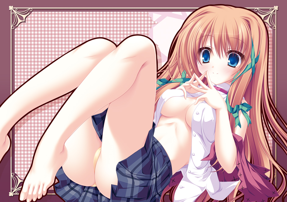 mikagami mamizu, nozomi yuuki, aquarian age, 00s, 1girl, bare legs, barefoot, blue eyes, blush, brown hair, feet, female focus, hair ribbon, legs up, long hair, lying, no bra, on back, open clothes, open shirt, orange hair, panties, pantyshot, plaid clothes, plaid skirt, ribbon, shirt, skirt, smile, solo, steepled fingers, tareme, underwear