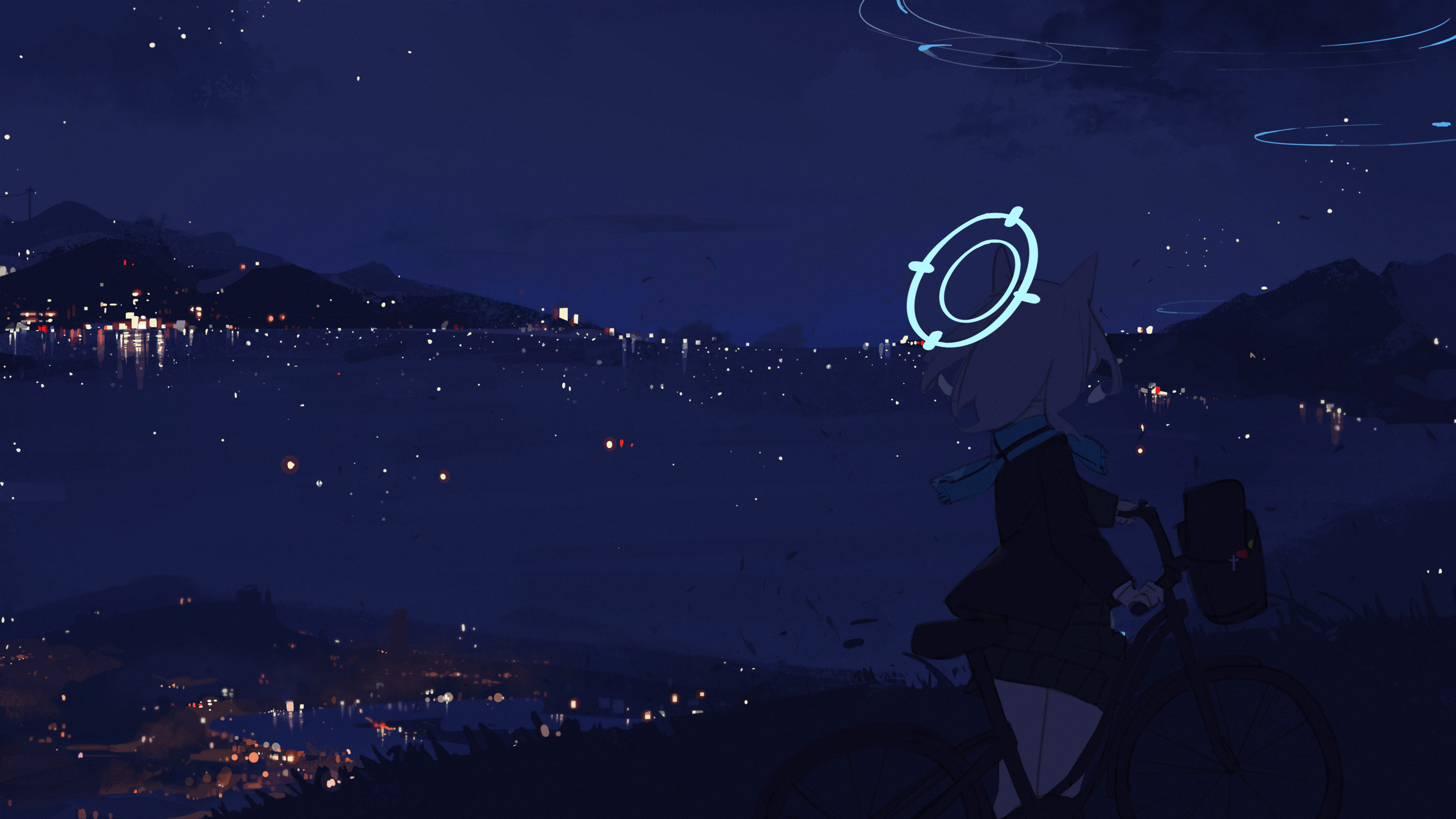 bilibalakonglijiwa, shiroko (blue archive), blue archive, absurdres, commentary, commentary request, english commentary, highres, mixed-language commentary, 1girl, animal ears, bay, bicycle, black jacket, black skirt, blue halo, blue scarf, city, city lights, cloud, dark, grey hair, halo, high up, jacket, medium hair, mountain, mountainous horizon, night, night sky, outdoors, pushing bicycle, reflection, reflective water, scarf, scenery, skirt, sky, solo, star (sky), water, wolf ears