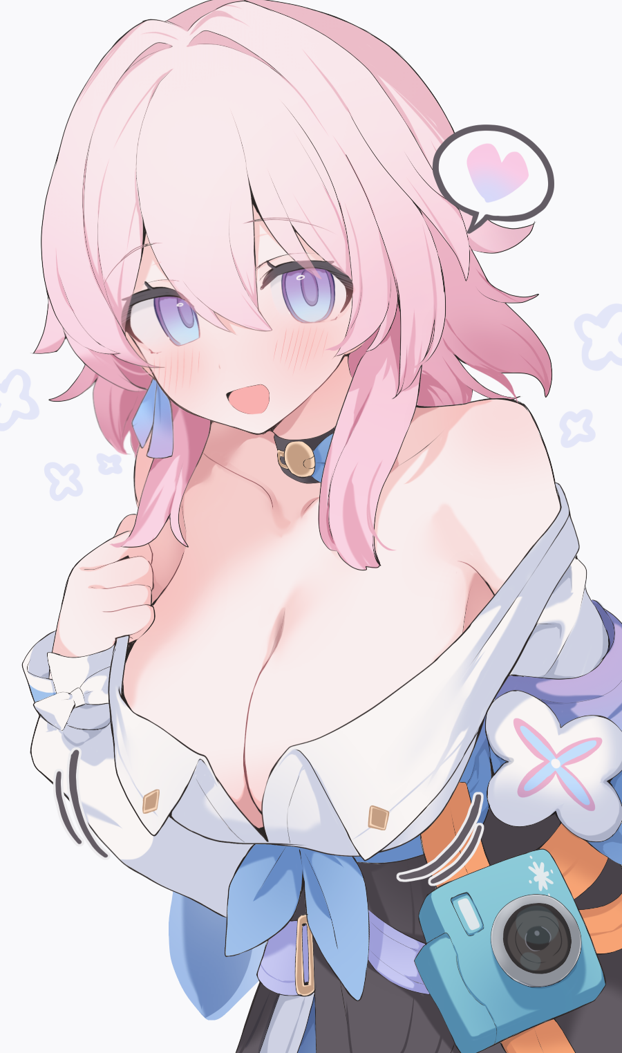 hone kawa, march 7th (honkai: star rail), honkai: star rail, honkai (series), commentary, highres, 1girl, :d, bare shoulders, blue eyes, breasts, camera, choker, cleavage, collarbone, heart, large breasts, long hair, long sleeves, looking at viewer, open mouth, pink hair, purple eyes, shirt, smile, solo, speech bubble, spoken heart, white shirt
