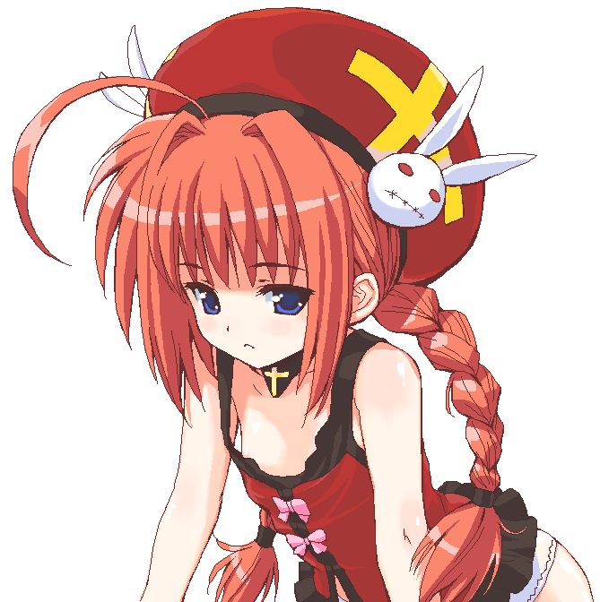 amano yuu, vita (nanoha), lyrical nanoha, mahou shoujo lyrical nanoha, mahou shoujo lyrical nanoha a's, 00s, 1girl, :<, ahoge, blue eyes, braid, downblouse, female focus, flat chest, hat, nipples, oekaki, red hair, solo, twin braids