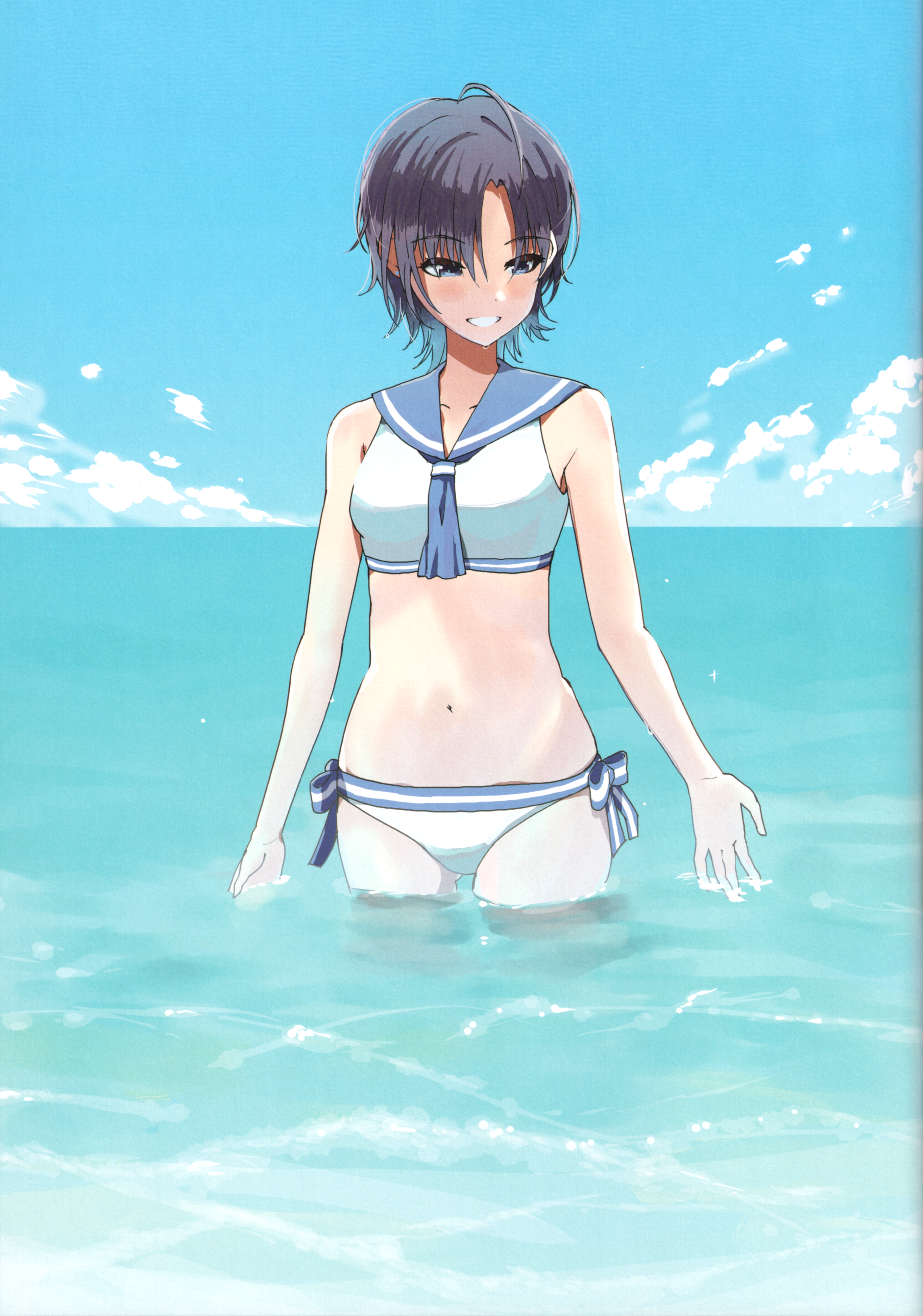 kakifly, asakura toru, idolmaster, absurdres, highres, non-web source, scan, 1girl, ahoge, bikini, black hair, blue sailor collar, blue sky, cloud, gradient hair, in water, light blush, multicolored hair, navel, ocean, parted bangs, ribbon-trimmed bikini, ribbon trim, sailor bikini, sailor collar, sailor swimsuit (idolmaster), short hair, sky, smile, solo, swimsuit, teeth, water