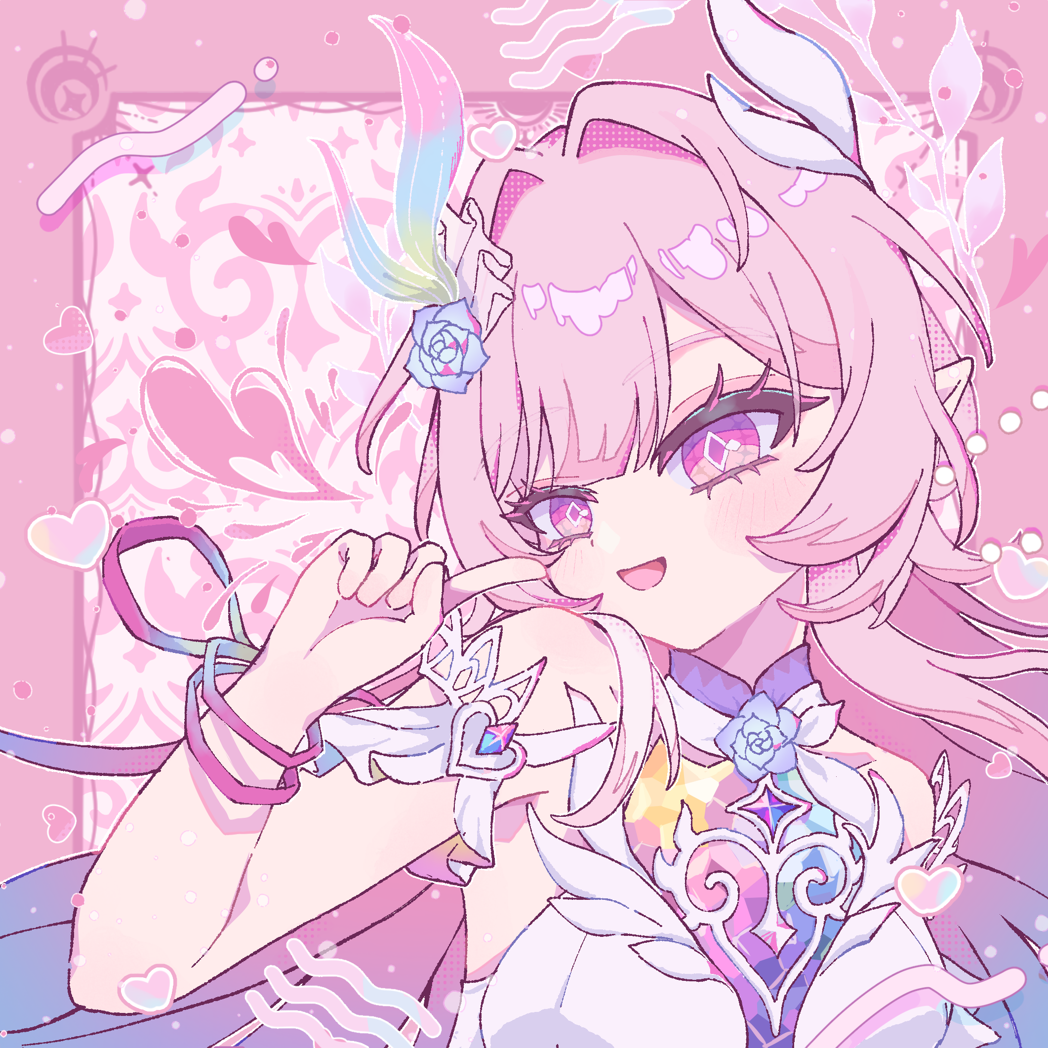 cyrene (honkai: star rail), cyrene (ripples of past reverie) (honkai: star rail), honkai: star rail, honkai (series), commentary request, highres, 1girl, bare shoulders, bismas bi, breasts, diamond-shaped pupils, diamond (shape), dress, flower, gradient hair, hair flower, hair ornament, halo, heart, large breasts, long hair, multicolored hair, open mouth, pink background, pink hair, pointy ears, purple eyes, purple hair, smile, solo, symbol-shaped pupils, two-tone hair, upper body, very long hair, white dress