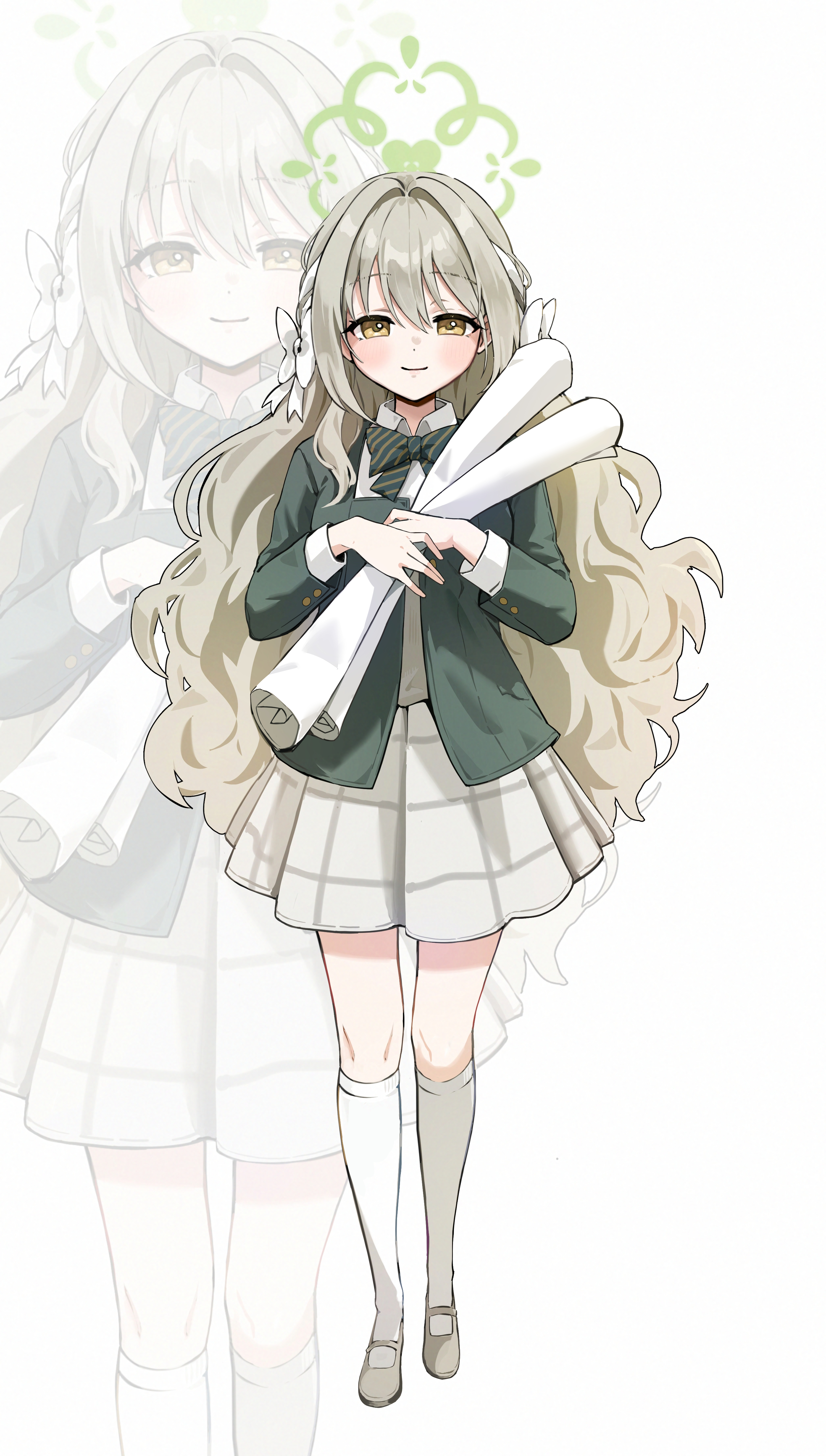 ham (hamparty), miyo (blue archive), blue archive, absurdres, highres, 1girl, blonde hair, bow, bowtie, braid, brown eyes, choppy bangs, diagonal-striped bow, diagonal-striped bowtie, diagonal-striped clothes, flower halo, green bow, green bowtie, green halo, grey skirt, hair between eyes, hair bow, hair ribbon, halo, long hair, long sleeves, miniskirt, plaid clothes, plaid skirt, ribbon, ribbon braid, shirt, skirt, smile, socks, striped bow, striped bowtie, striped clothes, very long hair, white bow, white shirt, white socks, zoom layer