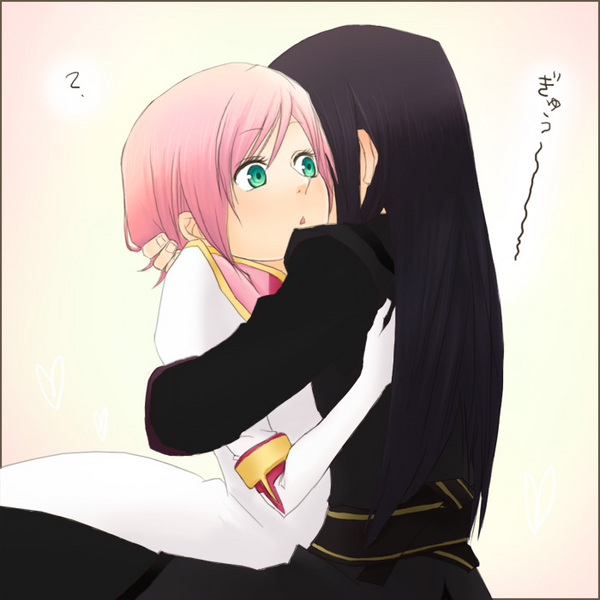 nakamura hiro (nobody10ch), estellise sidos heurassein, yuri lowell, tales of (series), tales of vesperia, 00s, 1boy, 1girl, ?, couple, green eyes, hetero, hug, pink hair, short hair
