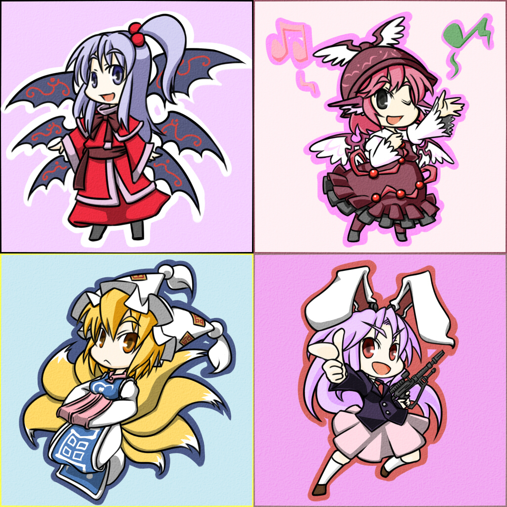 wabi (wbsk), wabi tsubaki, mystia lorelei, reisen udongein inaba, shinki (touhou), yakumo ran, mystic square, touhou, touhou (pc-98), 4girls, animal ears, animal hat, blonde hair, chibi, female focus, fox tail, gun, hat, long hair, long sleeves, mob cap, multiple girls, musical note, pink hair, purple hair, rabbit ears, red eyes, shoes, short hair, skirt, socks, tail, tassel, weapon, wide sleeves, wings, yellow eyes