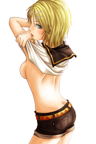 achikoako, kagamine rin, vocaloid, bad id, bad pixiv id, 1girl, blonde hair, breasts, butt crack, denim, denim shorts, female focus, looking back, medium breasts, shorts, sideboob, solo, undressing