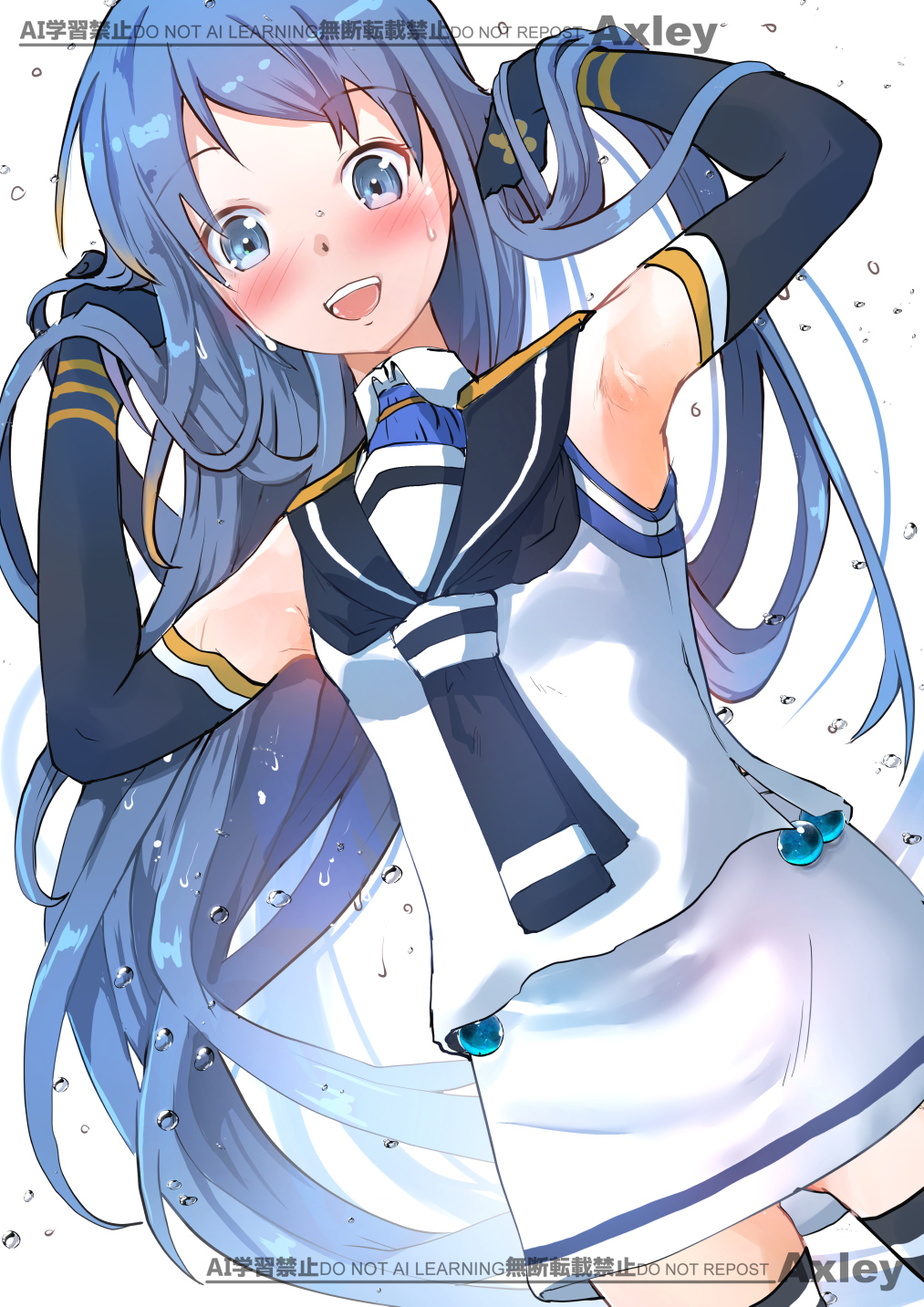 axley, samidare (kancolle), kantai collection, commentary request, highres, 1girl, black gloves, black neckerchief, black sailor collar, black thighhighs, blue eyes, blue hair, cowboy shot, elbow gloves, gloves, gradient hair, long hair, looking at viewer, multicolored hair, neckerchief, sailor collar, school uniform, serafuku, shirt, skirt, sleeveless, sleeveless shirt, solo, swept bangs, thighhighs, upper body, white shirt, white skirt