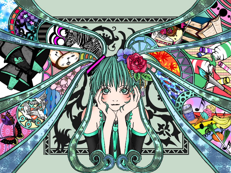 achikoako, hatsune miku, black rock shooter, koi wa sensou (vocaloid), migikata no chou (vocaloid), miracle paint (vocaloid), saihate (vocaloid), vocaloid, world is mine (vocaloid), bad id, bad pixiv id, 10s, bird, bug, butterfly, cake, flower, food, insect, pastry, rose, solo, spring onion, surreal