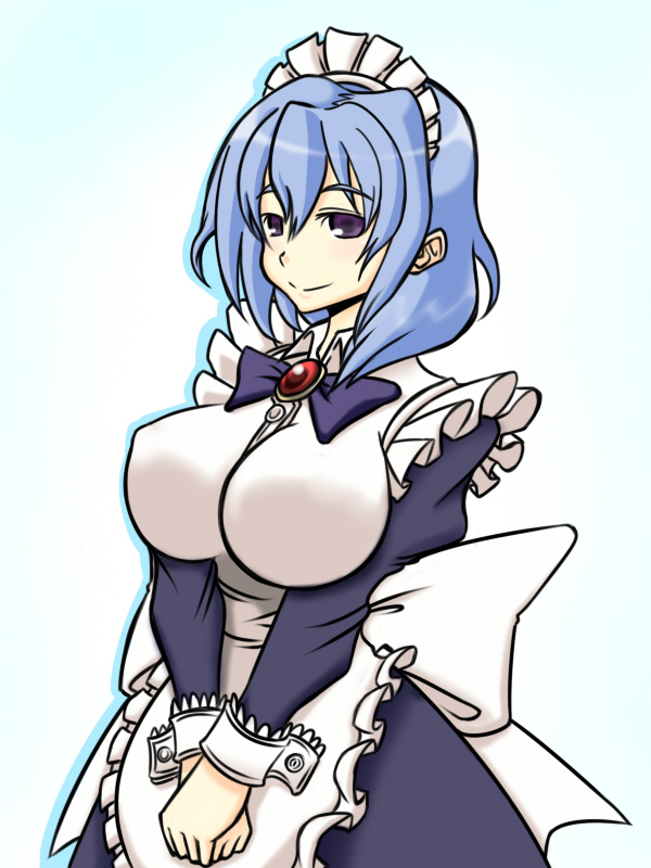 wabi (wbsk), wabi tsubaki, 1girl, blue hair, breasts, female focus, large breasts, maid, purple eyes, short hair, solo