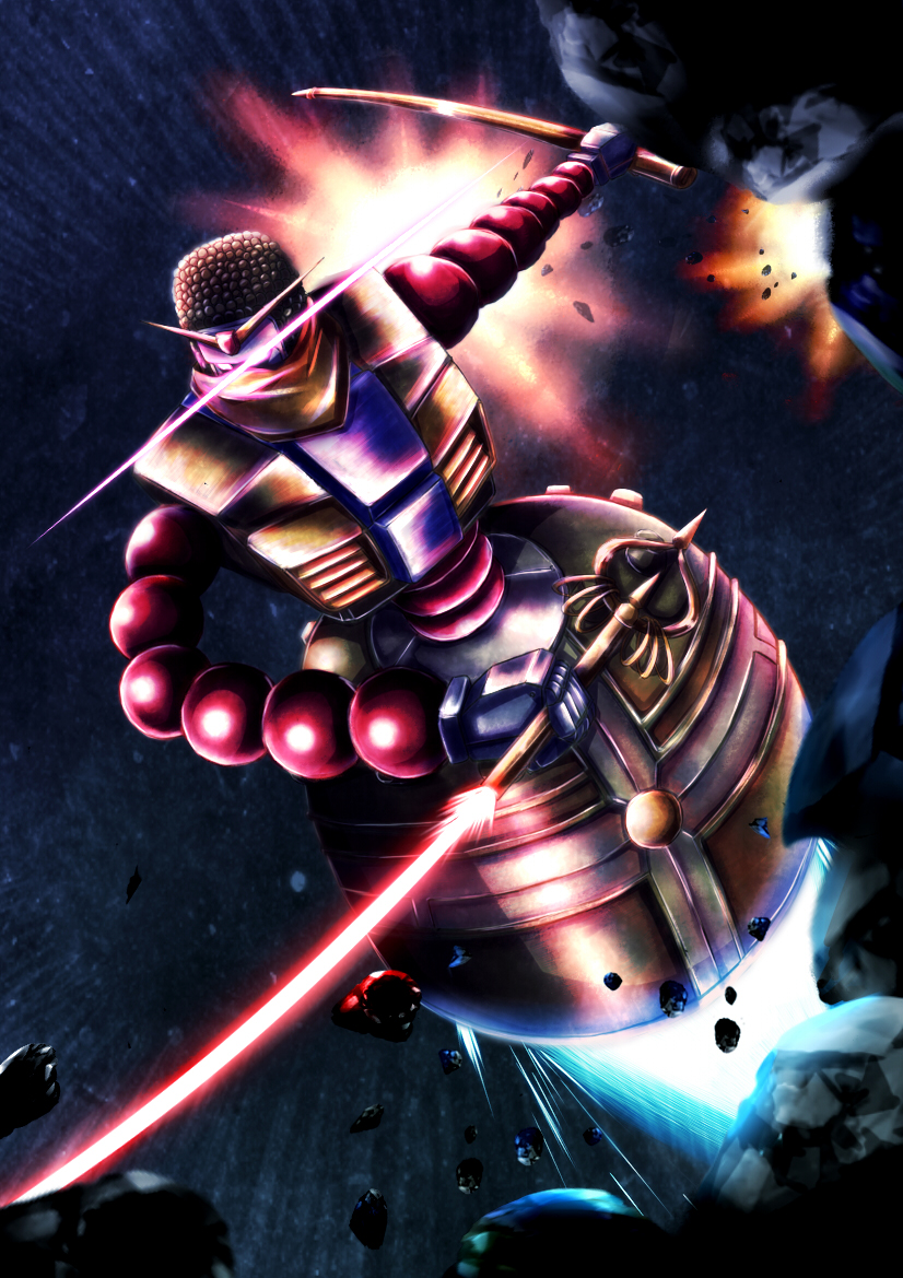 kitajima kitarou, g gundam, gundam, blue fire, energy sword, fire, glowing, glowing eyes, holding, holding weapon, jetpack, mandala gundam, mecha, mobile suit, mouth veil, no humans, no pupils, pink eyes, robot, rock, scabbard, science fiction, shakujou, sheath, solo, space, staff, sword, v-shaped eyes, veil, weapon