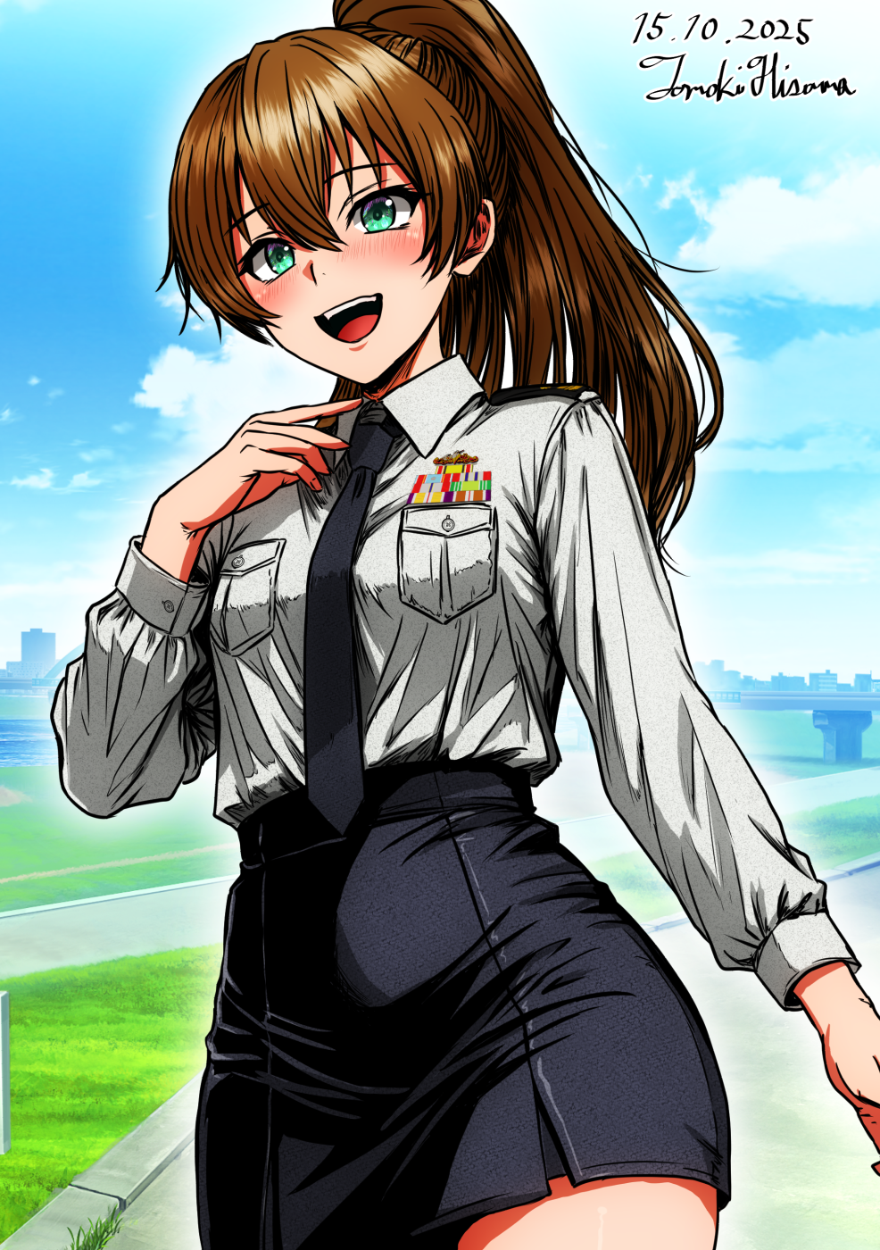 hisama tomoki, kumano (kancolle), kantai collection, highres, 1girl, alternate costume, artist name, black necktie, black skirt, blue eyes, blue sky, breast pocket, brown hair, cloud, dated, day, grey shirt, long hair, military uniform, necktie, one-hour drawing challenge, outdoors, pencil skirt, pocket, ponytail, shirt, skirt, sky, smile, solo