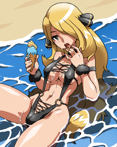 hun (uyonis), cynthia (pokemon), nintendo, pokemon, pokemon dppt, bad id, bad pixiv id, lowres, 00s, 1girl, bandeau bikini, beach, blonde hair, brown eyes, curvy, eye contact, fat mons, female focus, food, hair over one eye, ice cream, long hair, looking at another, narrow waist, saliva, slingshot swimsuit, solo, swimsuit, tongue, water