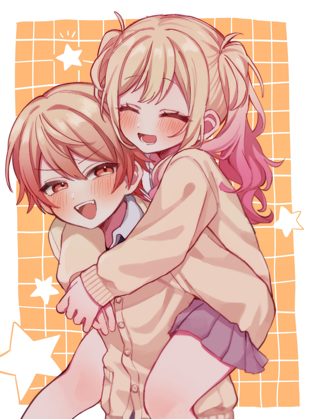 mu ri003, tenma saki, tenma tsukasa, project sekai, commentary, highres, 1boy, 1girl, :d, blonde hair, blush, brother and sister, cardigan, carrying, carrying person, dot nose, gradient hair, grey skirt, grid background, long hair, miyamasuzaka girls' academy school uniform, multicolored hair, open mouth, orange background, orange cardigan, piggyback, pink hair, pleated skirt, school uniform, short hair, siblings, skirt, smile, star (symbol), twintails