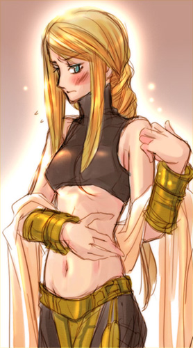 bin nu chan, agrias oaks, dancer (fft), final fantasy, final fantasy tactics, bad id, bad pixiv id, lowres, 1girl, blonde hair, blue eyes, blush, braid, braided ponytail, breasts, dancer, female focus, gradient background, jewelry, long hair, lots of jewelry, medium breasts, midriff, single braid, solo, underboob