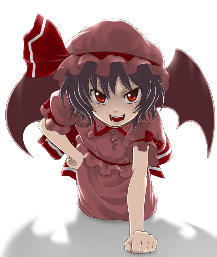 takemori shintarou, remilia scarlet, touhou, bad id, bad pixiv id, 1girl, female focus, foreshortening, hat, open mouth, red eyes, shadow, solo
