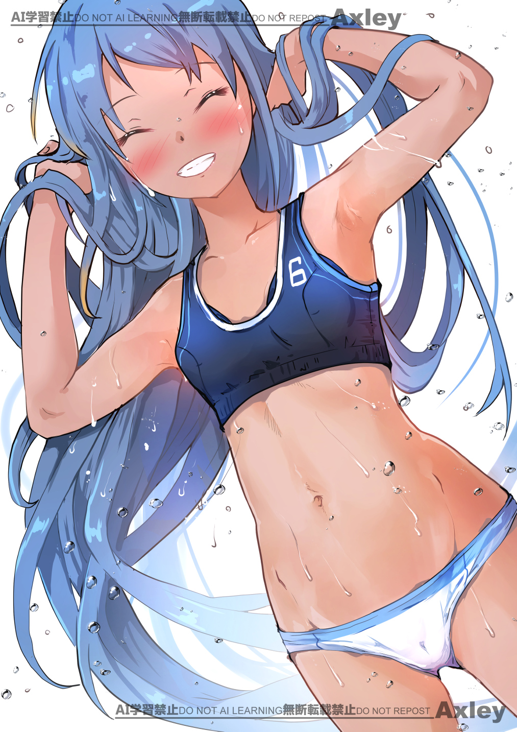 axley, samidare (kancolle), kantai collection, commentary request, highres, 1girl, bikini, blue hair, breasts, cowboy shot, facing viewer, gluteal fold, grin, long hair, looking at viewer, mismatched bikini, navel, small breasts, smile, solo, sports bikini, standing, swept bangs, swimsuit, tan, wet
