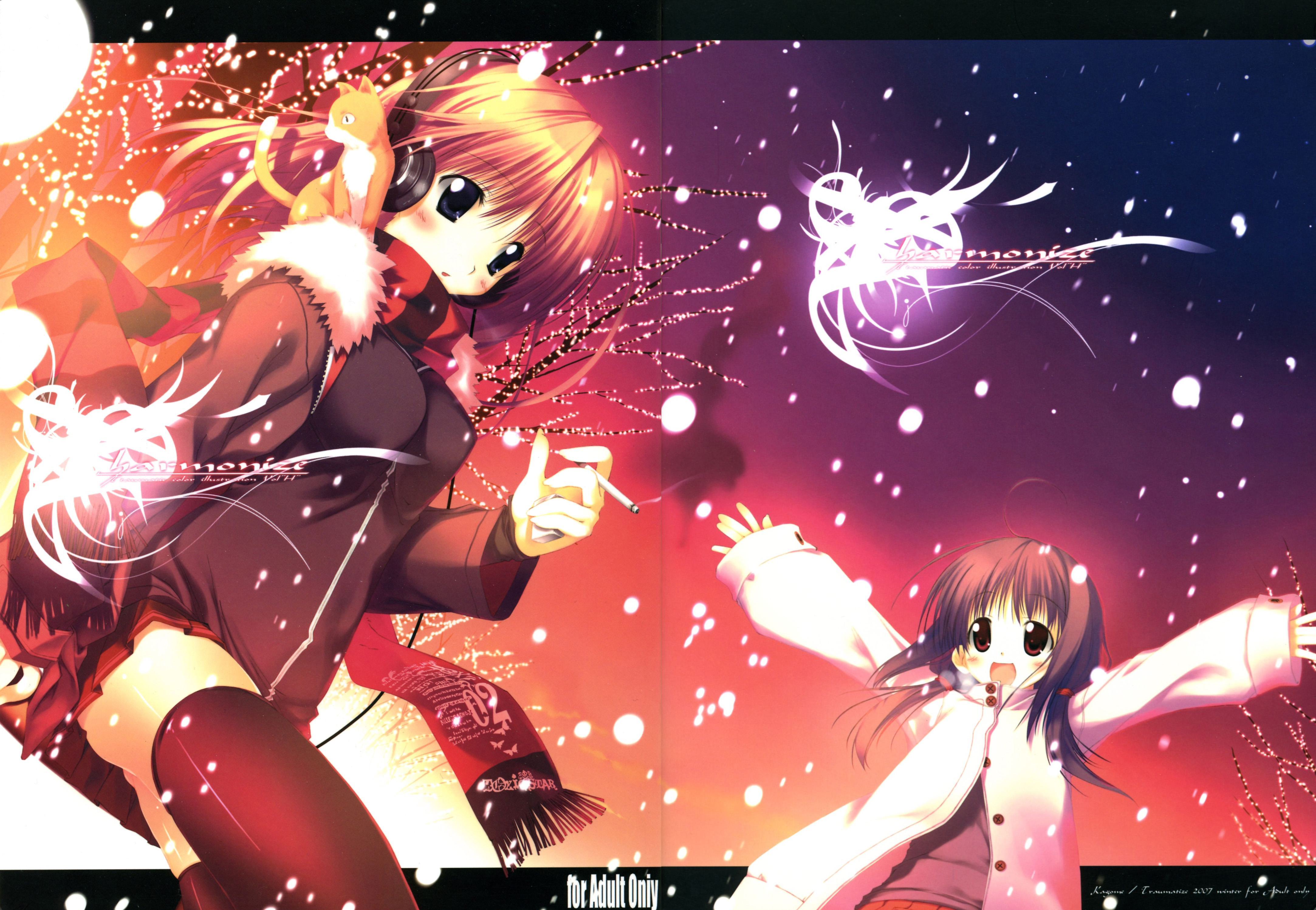 kagome (traumatize), original, absurdres, highres, 2girls, ahoge, blush, cat, cigarette, headphones, multiple girls, open mouth, orange hair, scarf, snow, snowing, thighhighs