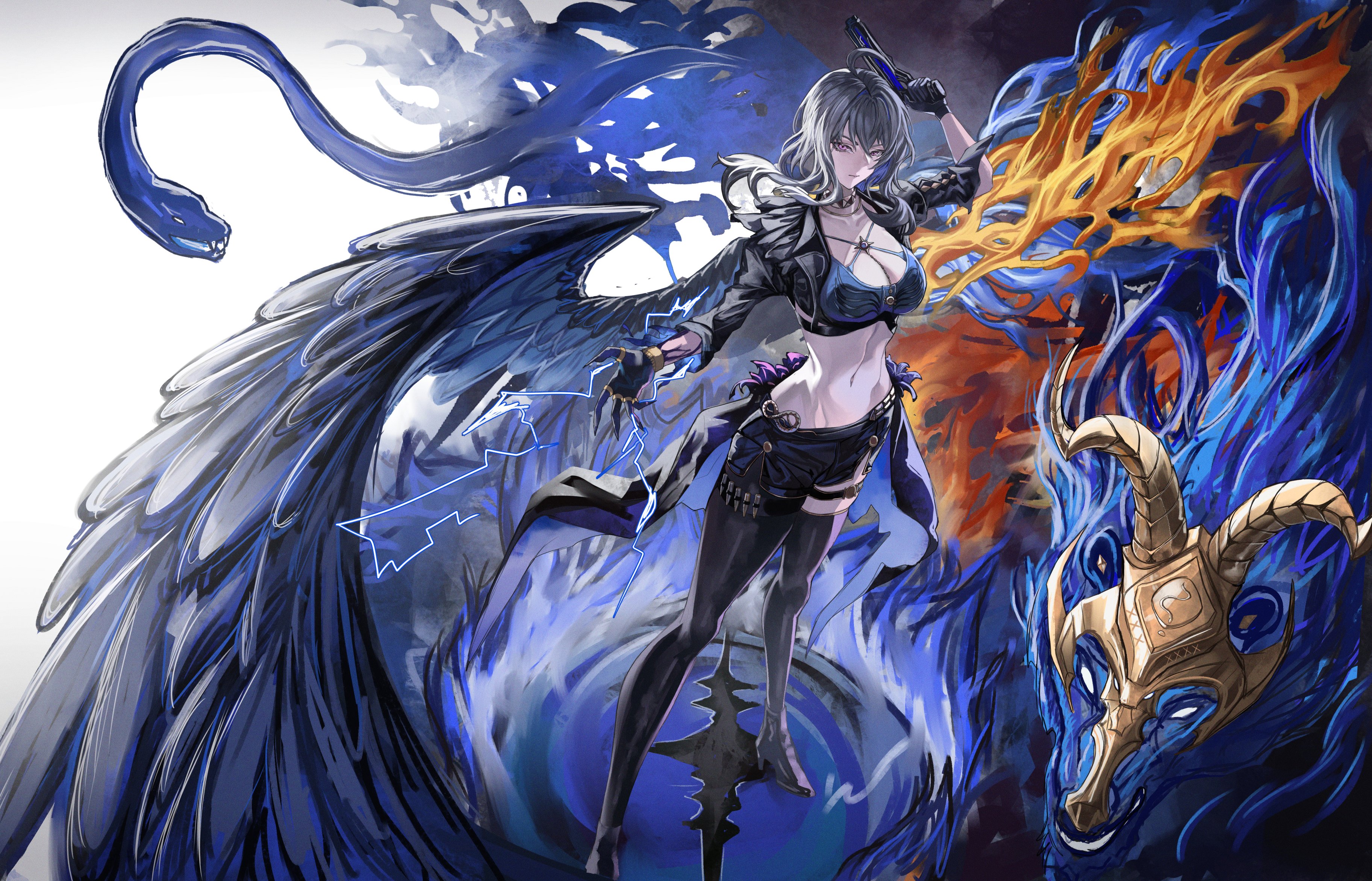 red wann, galbrena (wuthering waves), wuthering waves, absurdres, commentary, hashtag-only commentary, highres, 1girl, asymmetrical wings, black-framed eyewear, black gloves, black jacket, black pantyhose, black shorts, black thighhighs, blue bra, bra, breasts, chimera (wuthering waves), cleavage, closed mouth, cropped jacket, electricity, feathered wings, gloves, grey hair, gun, hand up, holding, holding gun, holding weapon, jacket, large breasts, medium hair, mismatched wings, mutation, navel, pantyhose, purple eyes, shorts, single glove, single leg pantyhose, single thighhigh, solo, standing, stomach, tacet discord (wuthering waves), thigh strap, thighhighs, underwear, weapon, wings