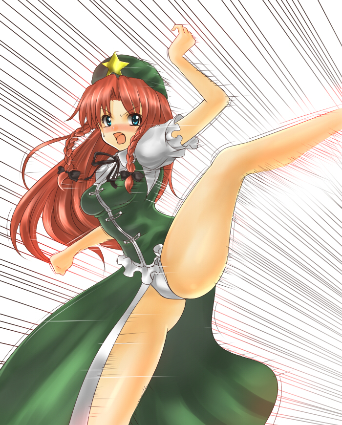 takemori shintarou, hong meiling, immaterial and missing power, touhou, bad id, bad pixiv id, 1girl, beret, blue eyes, braid, breasts, female focus, hat, high kick, kicking, long hair, open mouth, panties, red hair, skirt, solo, star (symbol), twin braids, underwear, white background