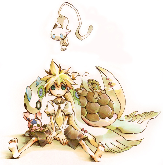 akisame kou, kagamine len, vocaloid, bad id, bad pixiv id, 1boy, barefoot, blonde hair, cat, chibi, feet, male focus, sitting, solo, turtle, white background
