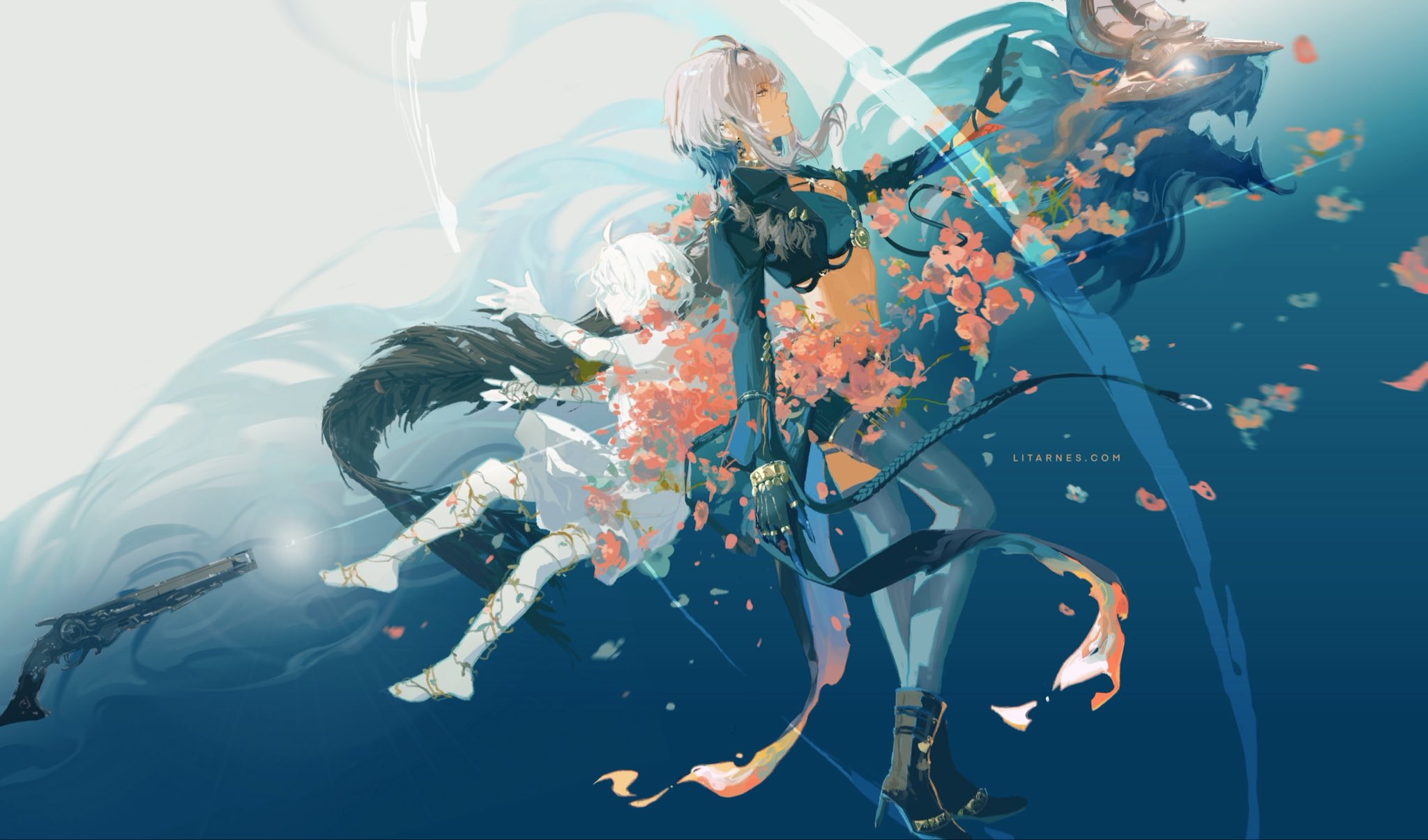 litarnes, galbrena (wuthering waves), wuthering waves, commentary, hashtag-only commentary, highres, 1girl, black boots, black gloves, black jacket, black pantyhose, black thighhighs, blue bra, blue hair, boots, bra, breasts, chimera (wuthering waves), earrings, from side, gloves, grey hair, high heel boots, high heels, jacket, jewelry, medium breasts, medium hair, mutation, outstretched arm, pantyhose, profile, single leg pantyhose, single thighhigh, solo, tacet discord (wuthering waves), thighhighs, underwear