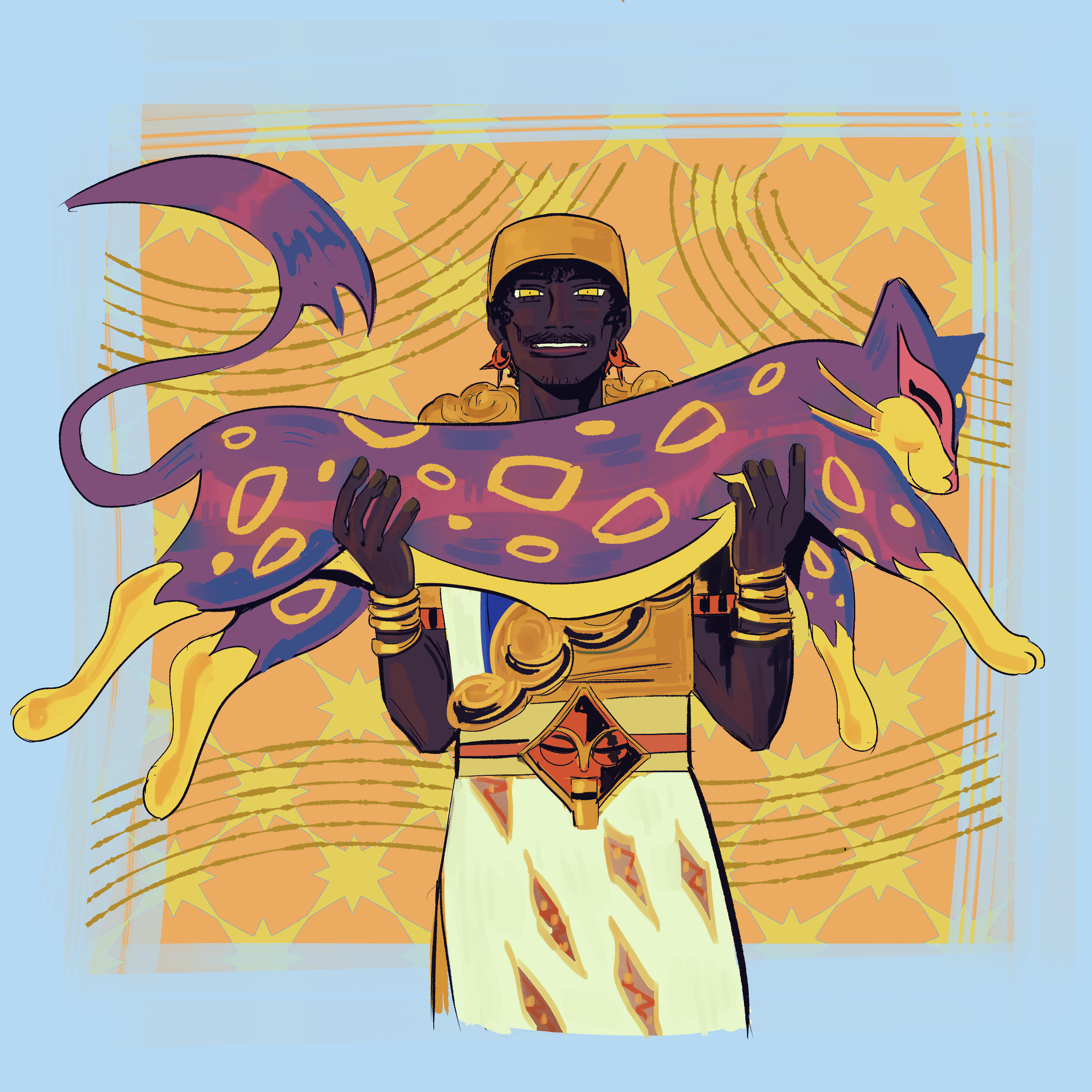 liepard, o'saa (fear & hunger), fear & hunger (series), fear & hunger 2: termina, nintendo, pokemon, absurdres, commentary, english commentary, highres, 1boy, 1other, african clothes, black hair, cat, closed eyes, closed mouth, dark-skinned male, dark skin, earrings, facial hair, fhgachagaza, gen 5 pokemon, hat, holding, holding pokemon, jewelry, jumpsuit, male focus, mustache, pokemon (creature), purple fur, short hair, smile, standing, yellow eyes, yellow hat