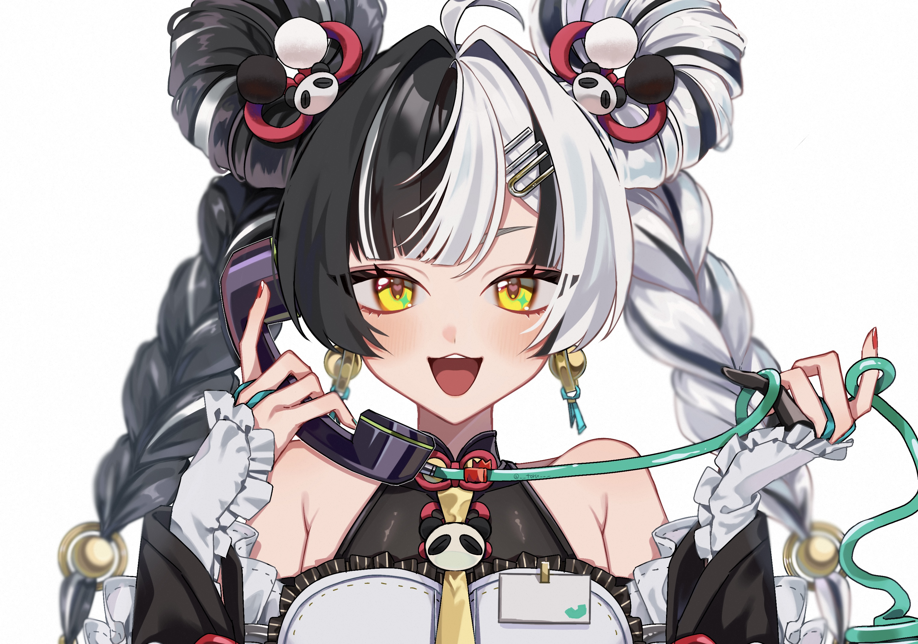 yanase rkgk, zenless zone zero, highres, 1girl, ahoge, black hair, braid, dialyn (zenless zone zero), hair ornament, hairpin, holding, holding phone, long hair, looking at viewer, multicolored hair, nail polish, open mouth, phone, red nails, smile, solo, split-color hair, talking on phone, twin braids, very long hair, white background, white hair