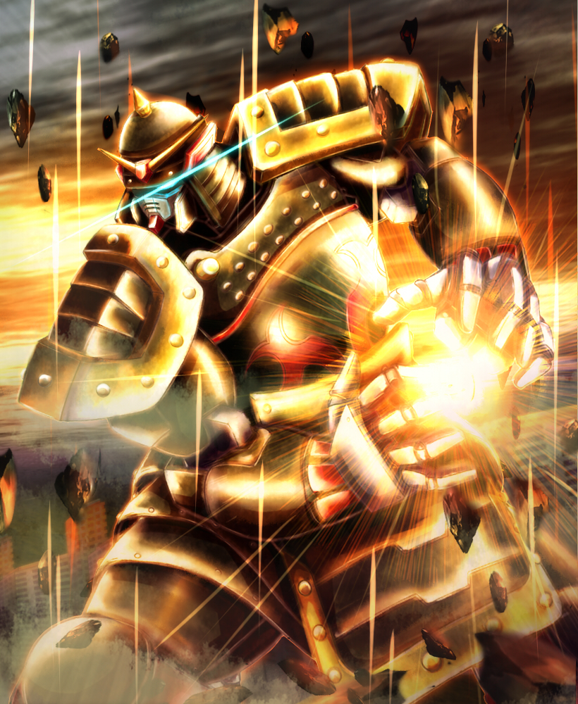 kitajima kitarou, g gundam, gundam, armor, attack, blue eyes, cloud, cloudy sky, energy ball, floating rock, glowing, glowing eyes, joints, kowloon gundam, mecha, mecha focus, mobile suit, no humans, outdoors, powering up, rivets, robot, robot joints, science fiction, shoulder armor, sky, spiked helmet