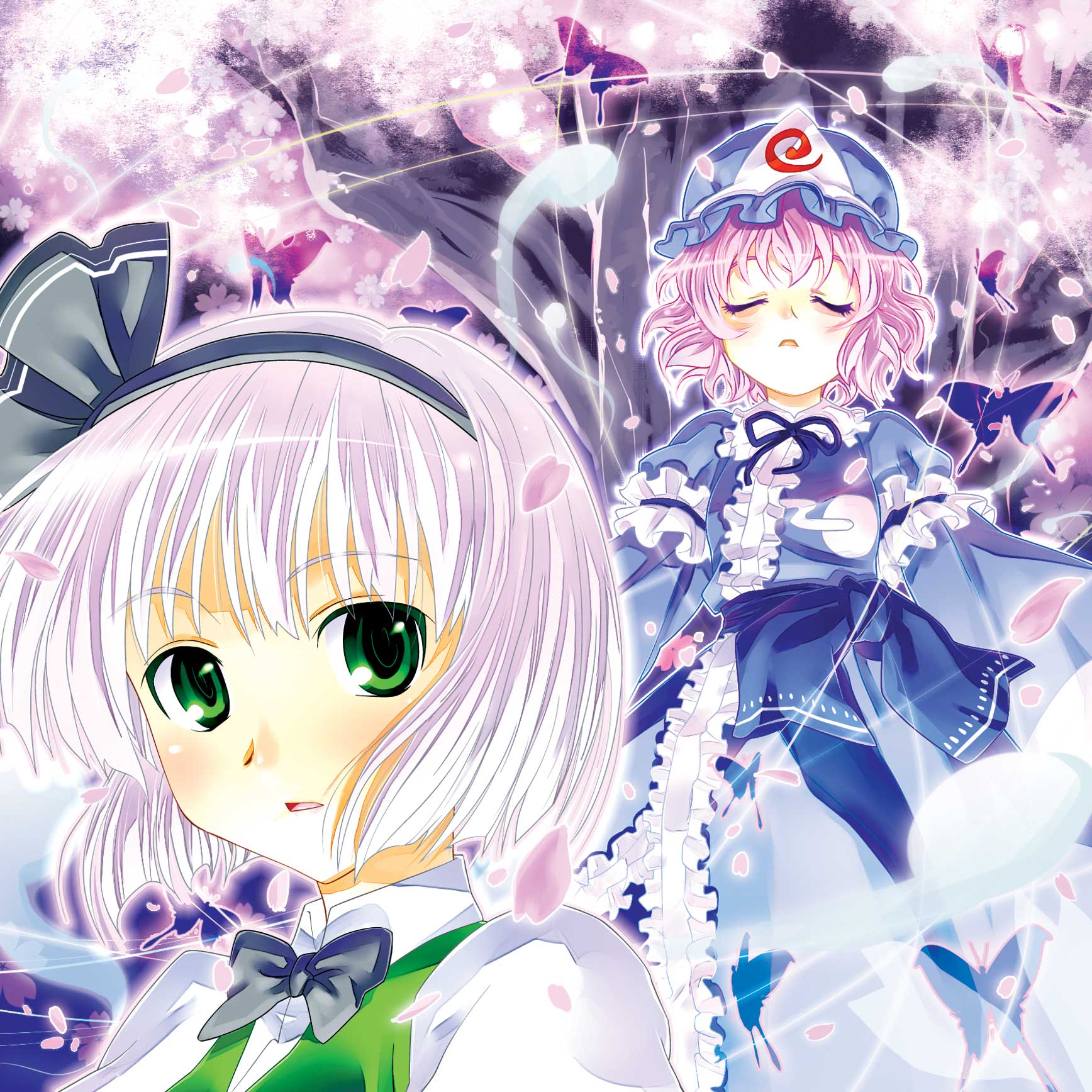 sakino shingetsu, konpaku youmu, saigyouji yuyuko, touhou, silver hair, commentary request, highres, 2girls, bug, butterfly, cherry blossoms, closed eyes, female focus, green eyes, hairband, hat, multiple girls, pink hair, short hair