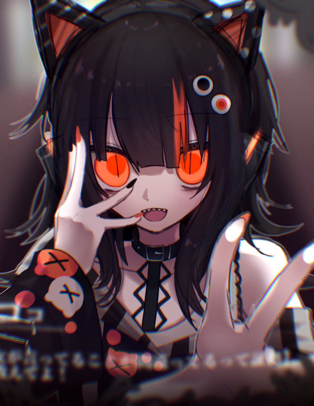 sawatari coco, mahou shoujo no majo saiban, commentary request, highres, spoilers, translation request, 1girl, animal ear headphones, animal ears, black hair, black nails, blurry, blurry foreground, cat ear headphones, cat ears, character name, cloruma, dialogue box, eyeball hair ornament, fake animal ears, hand on own face, hand over eye, hands up, headphones, looking at viewer, magical girl, multicolored hair, nail polish, open mouth, orange eyes, orange nails, sharp teeth, slit pupils, smile, solo, teeth, upper body